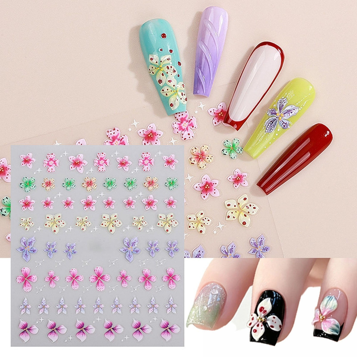 3 Sheets 5D Tropical Floral Nail Art Stickers with Tweezers - Embossed Design