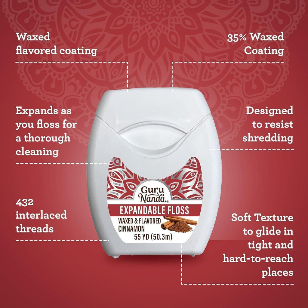 Expandable Waxed Dental Floss for Deep Cleaning & Fresh Breath - Cinnamon Scented, 55 Yards