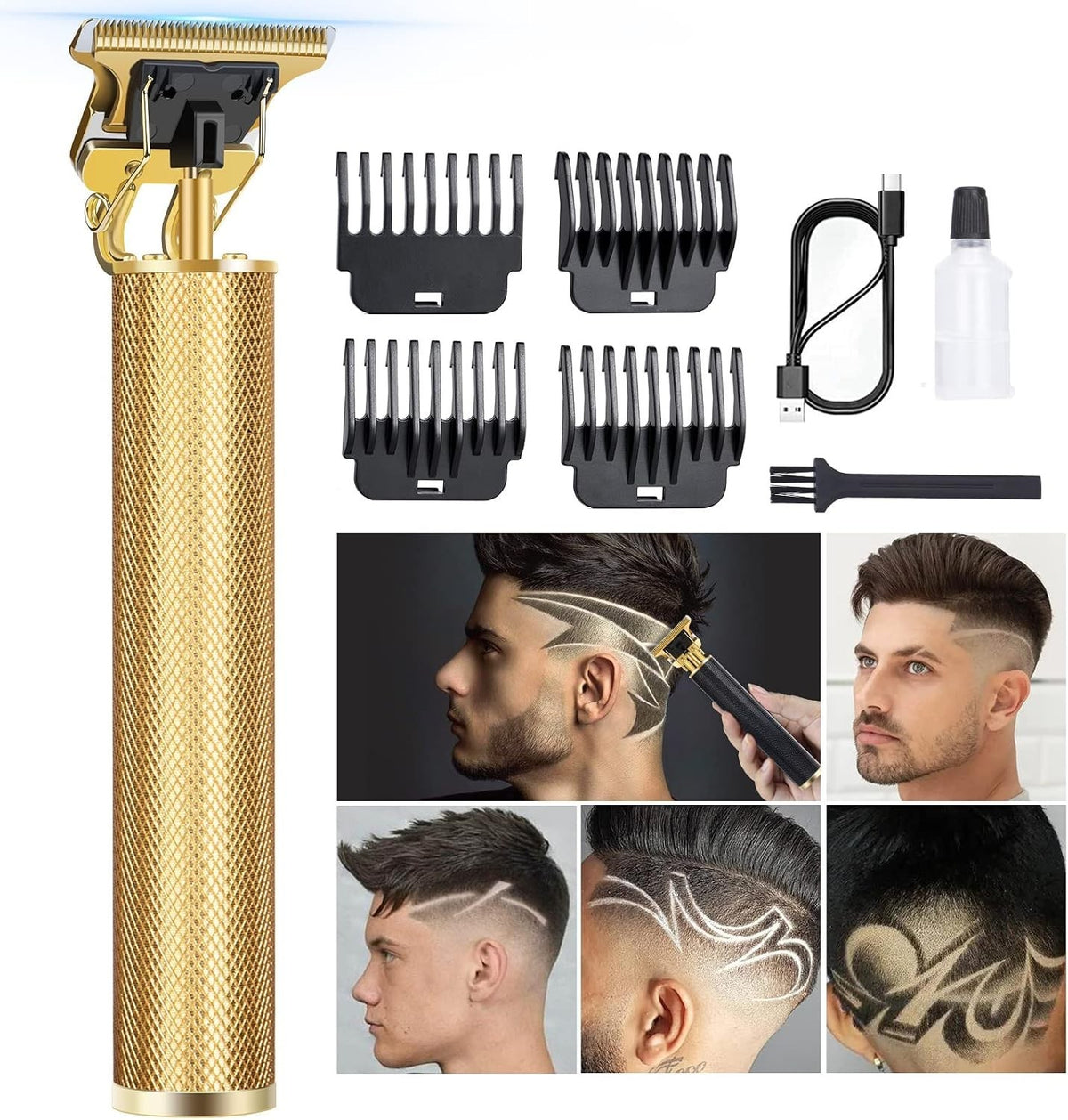 Gold Hair Clipper with Powerful Motor, 4 Guide Combs & Quiet Operation