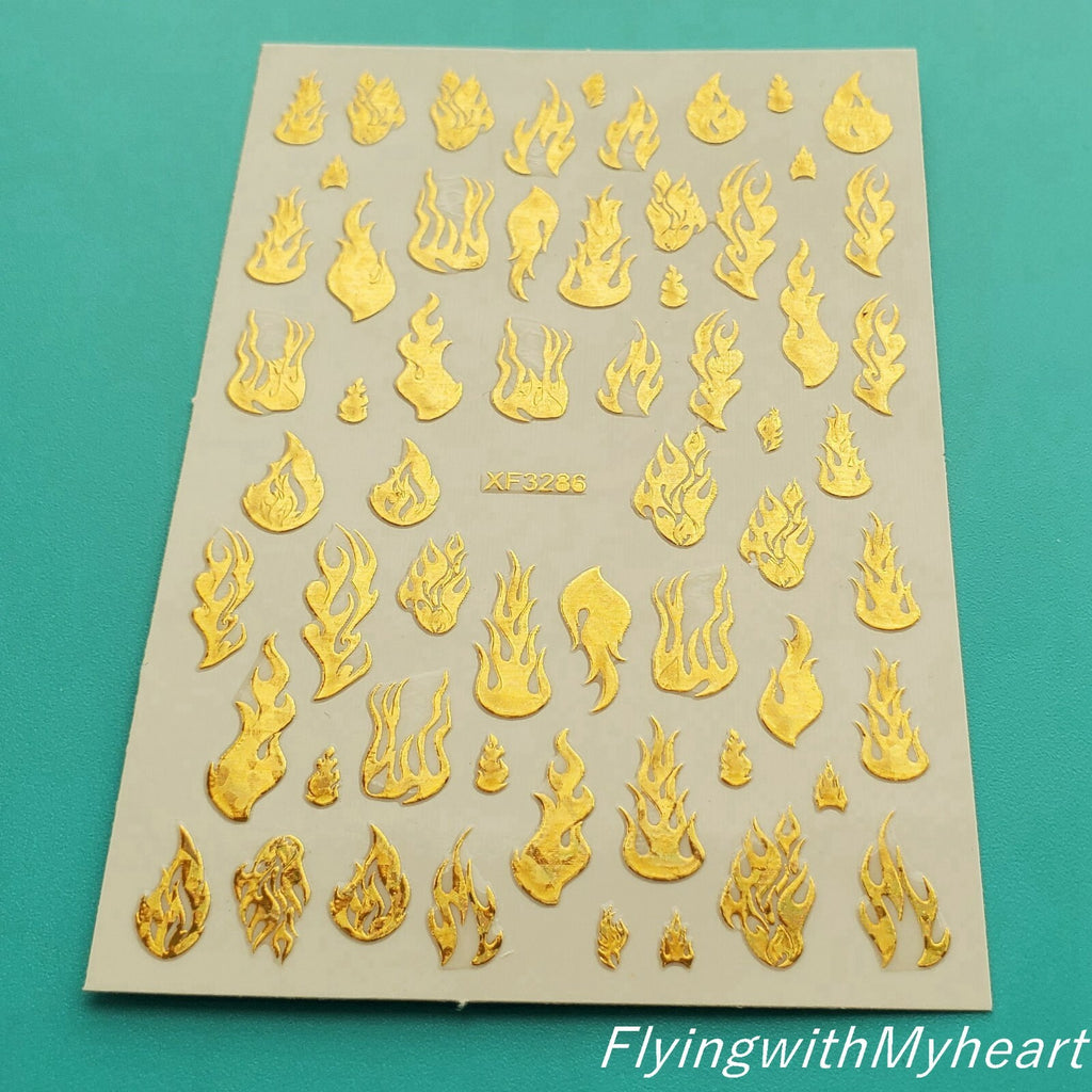 Laser Gold Fire Flame Nail Decal Stickers - Self-Adhesive Nail Art Sheets (5 Colors)