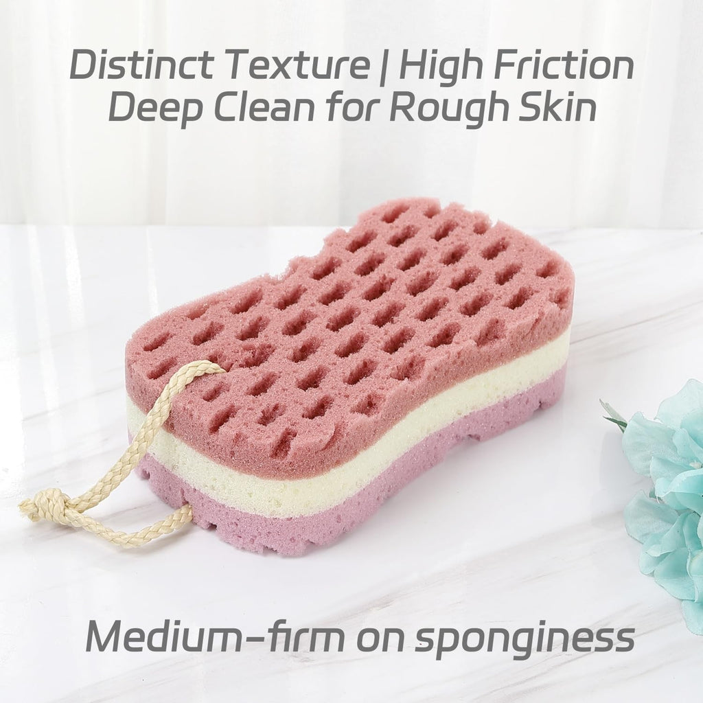 Exfoliating Bath Sponge Loofah Set - 3 Large Poufs with Hanging Rope