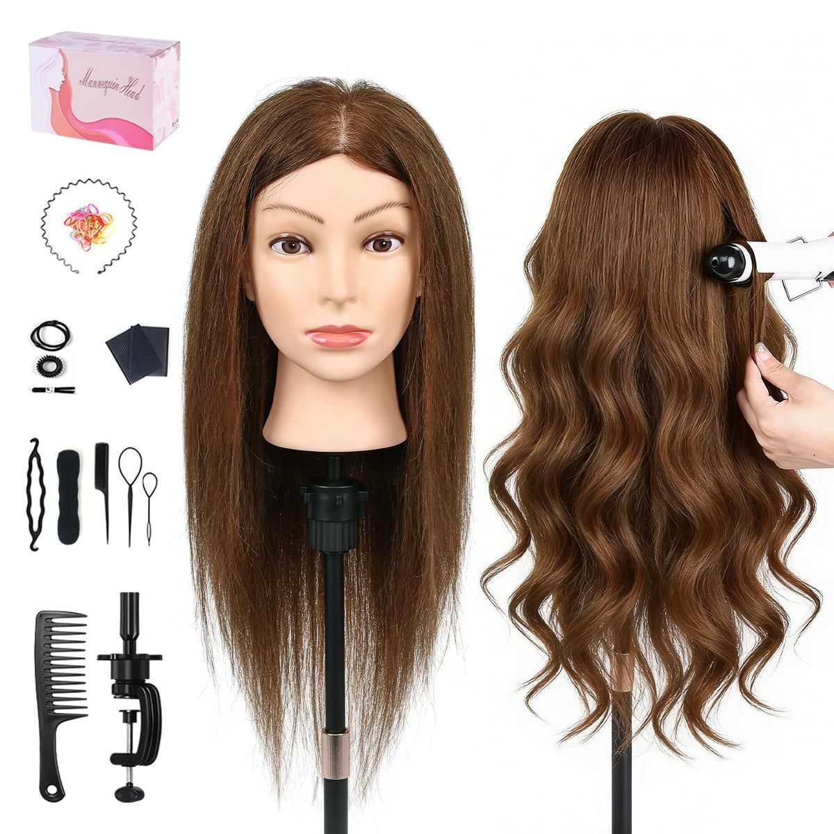 18 Inch Real Human Hair Mannequin Head for Hair Styling Training Kit