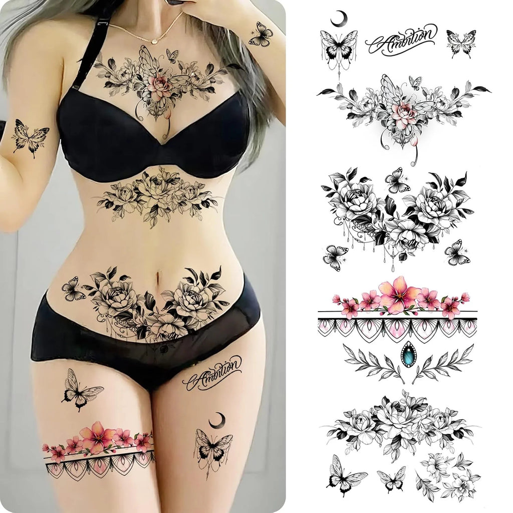 Women Temporary Tattoo Set - 3D Realistic Flower & Butterfly Designs