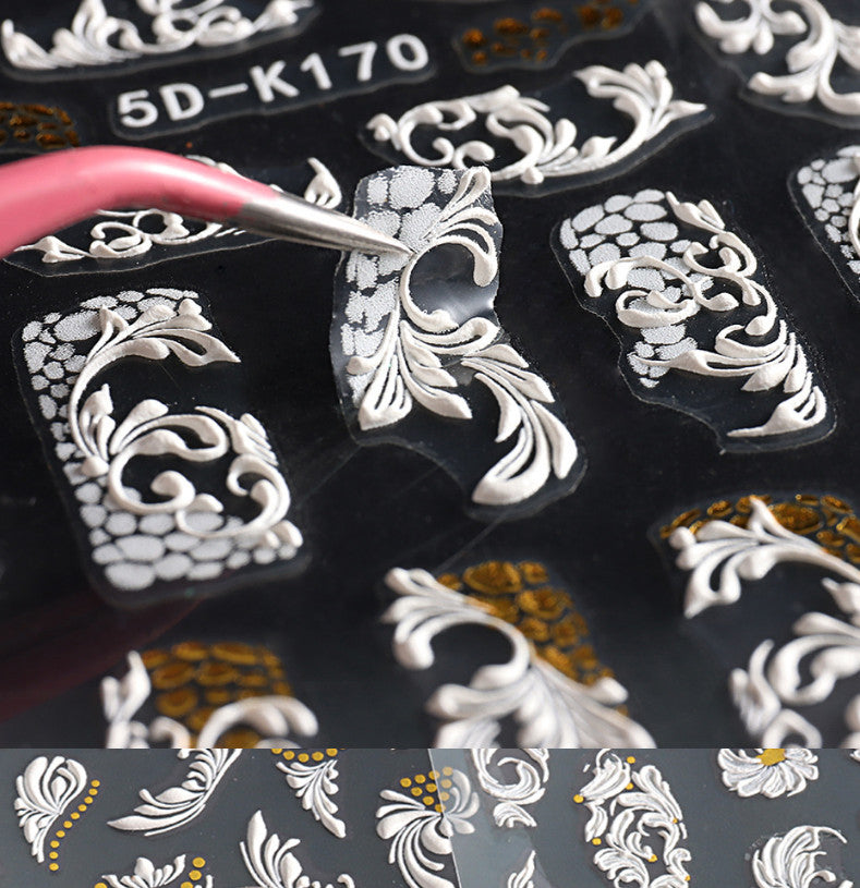 5D Embossed Nail Stickers White Rose Flower Decals for Nail Art and Decor