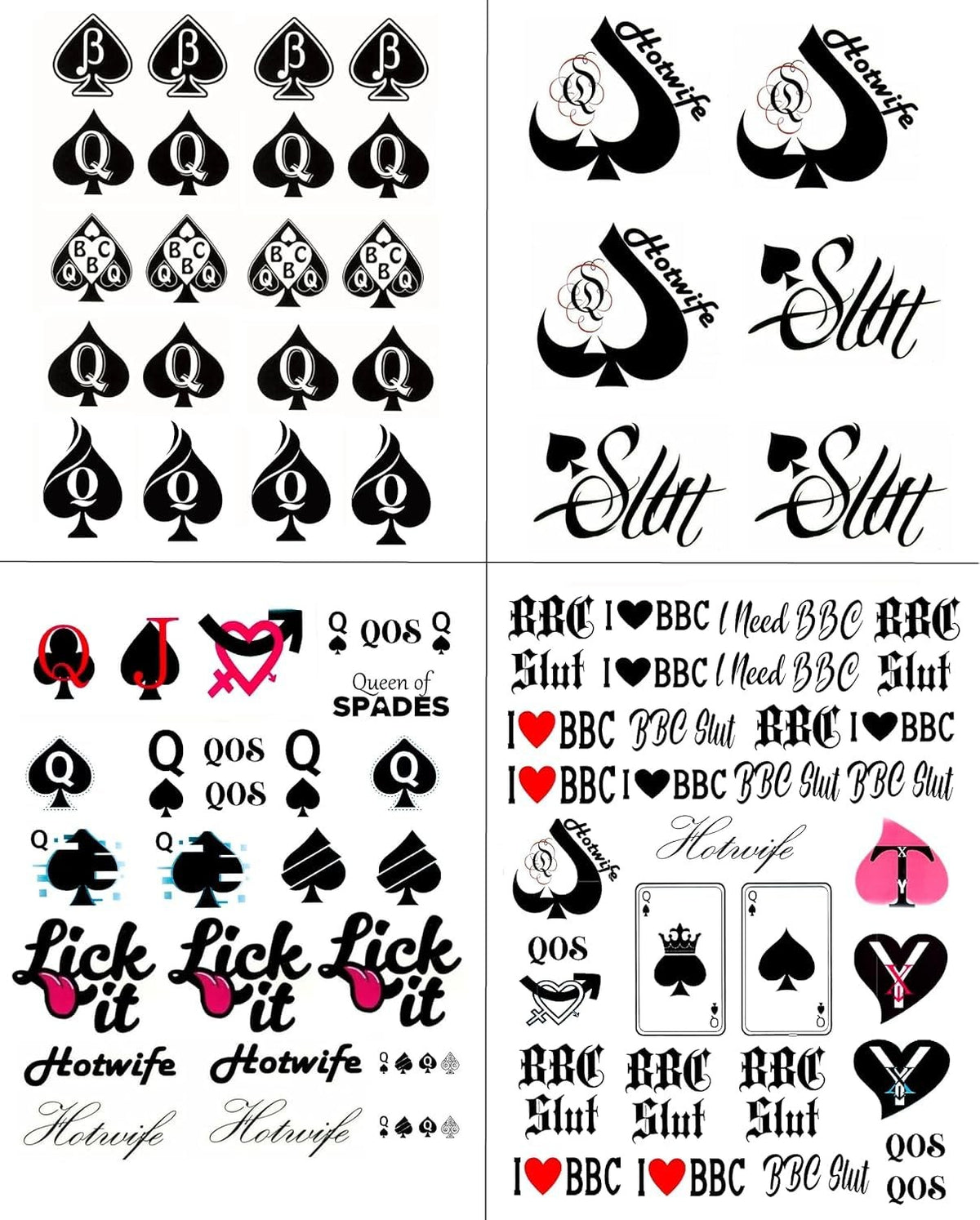 Temporary Queen of Spades Tattoo Stickers - 4 Sheets, 81 Designs