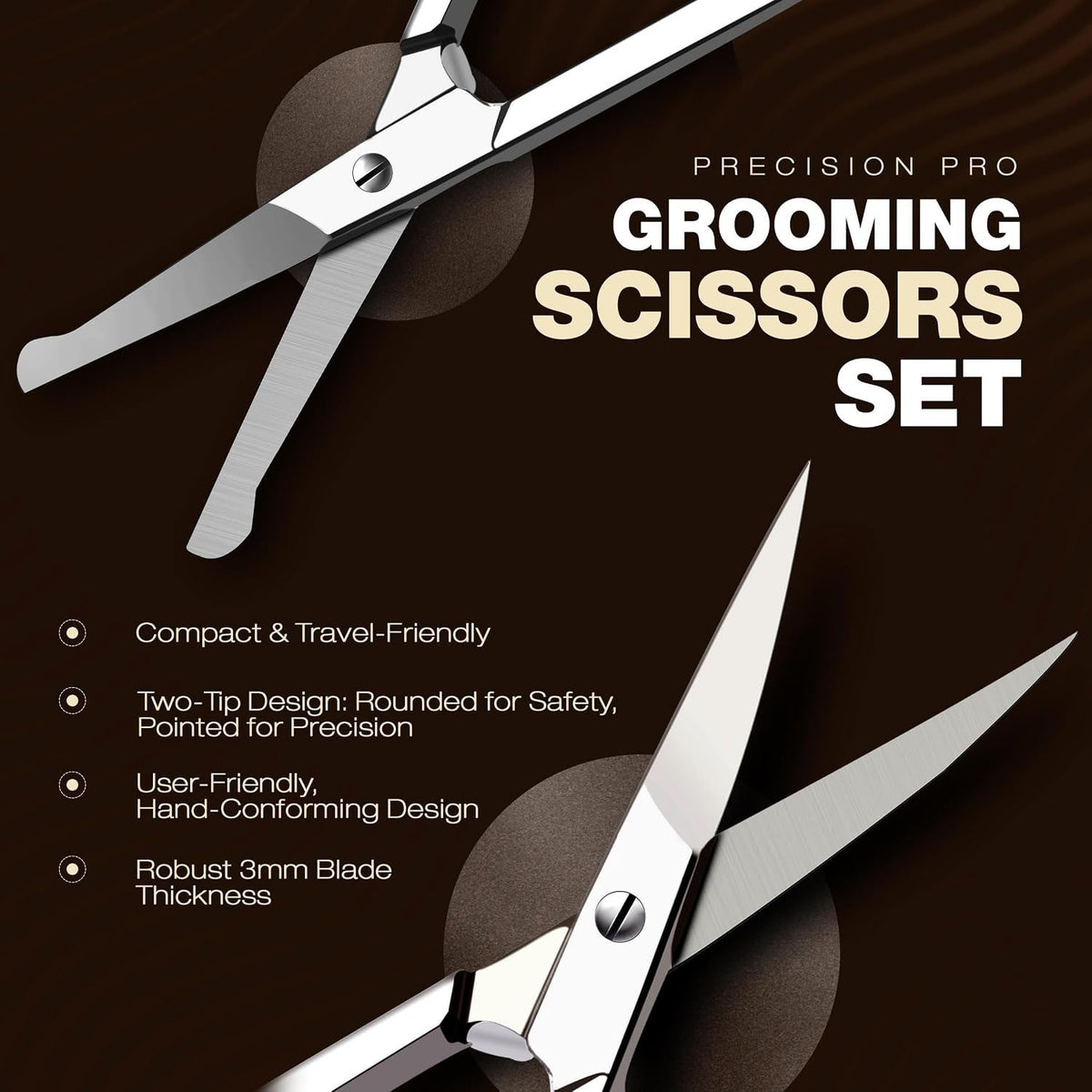 Stainless Steel Eyebrow Nose & Beard Grooming Scissors Set - Fine Precision