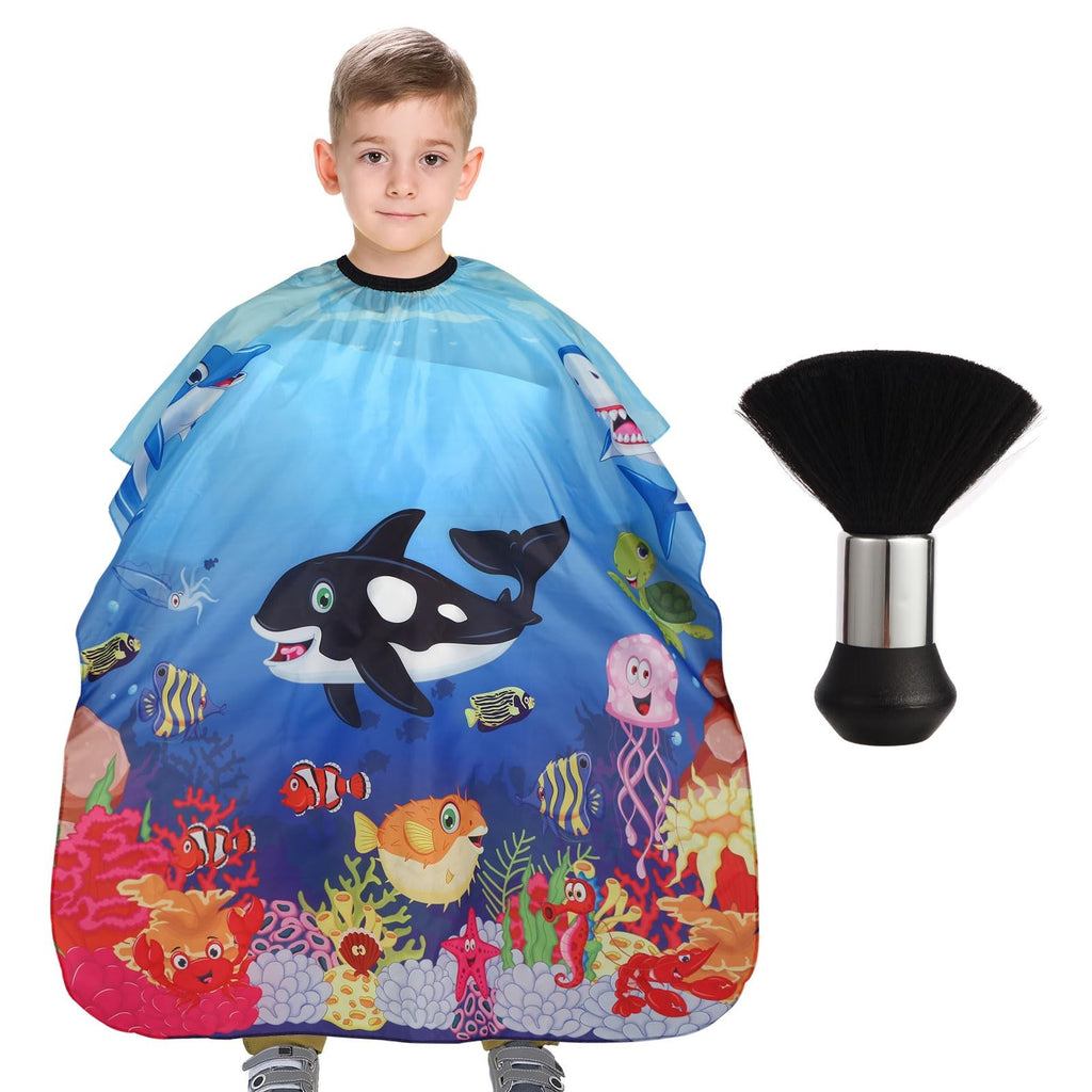 Kids Barber Cape with Neck Duster Brush Cartoon Sea Animals, Full Coverage