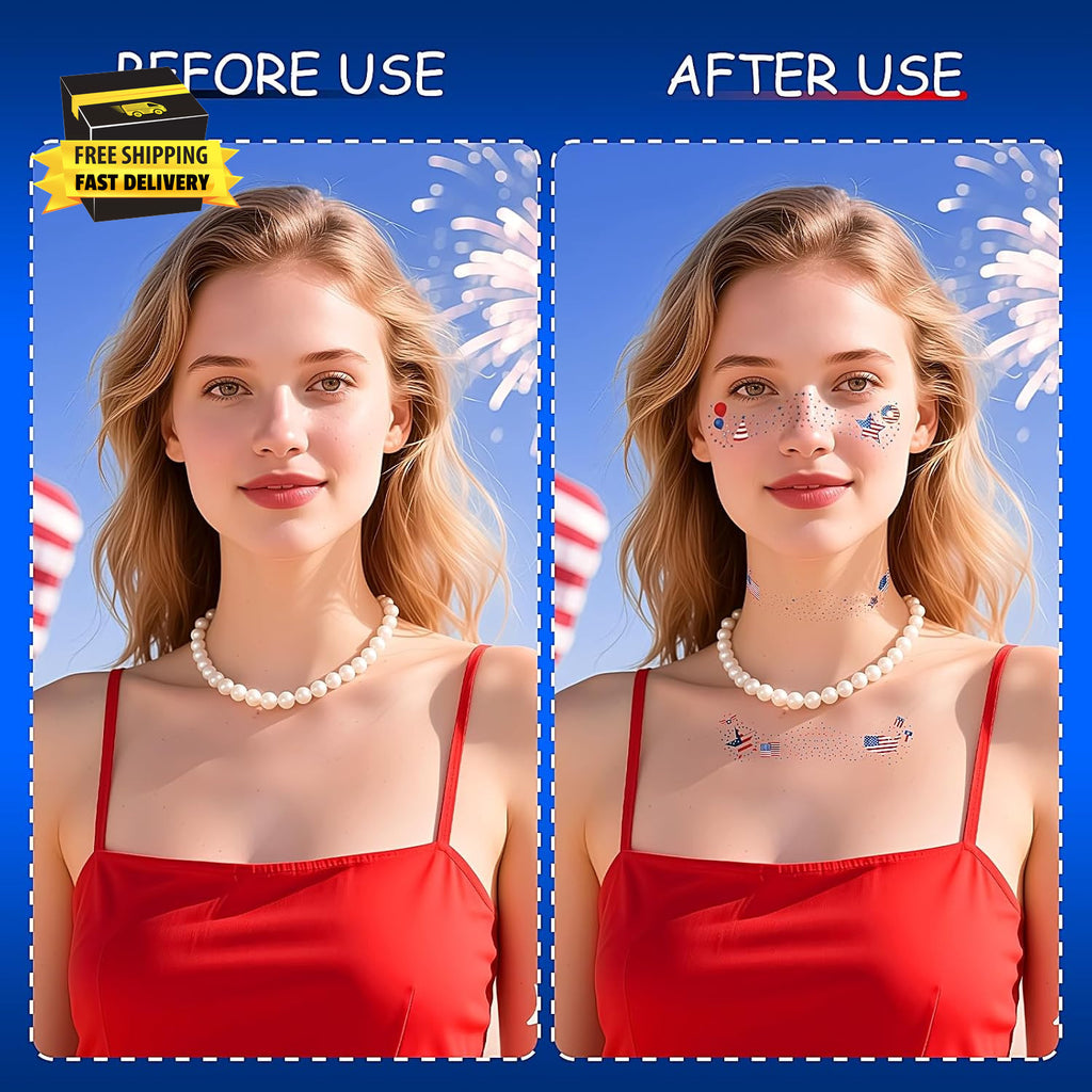 4th of July Glitter Freckles – 6 Pcs Patriotic Face Tattoo Stickers Red White Blue