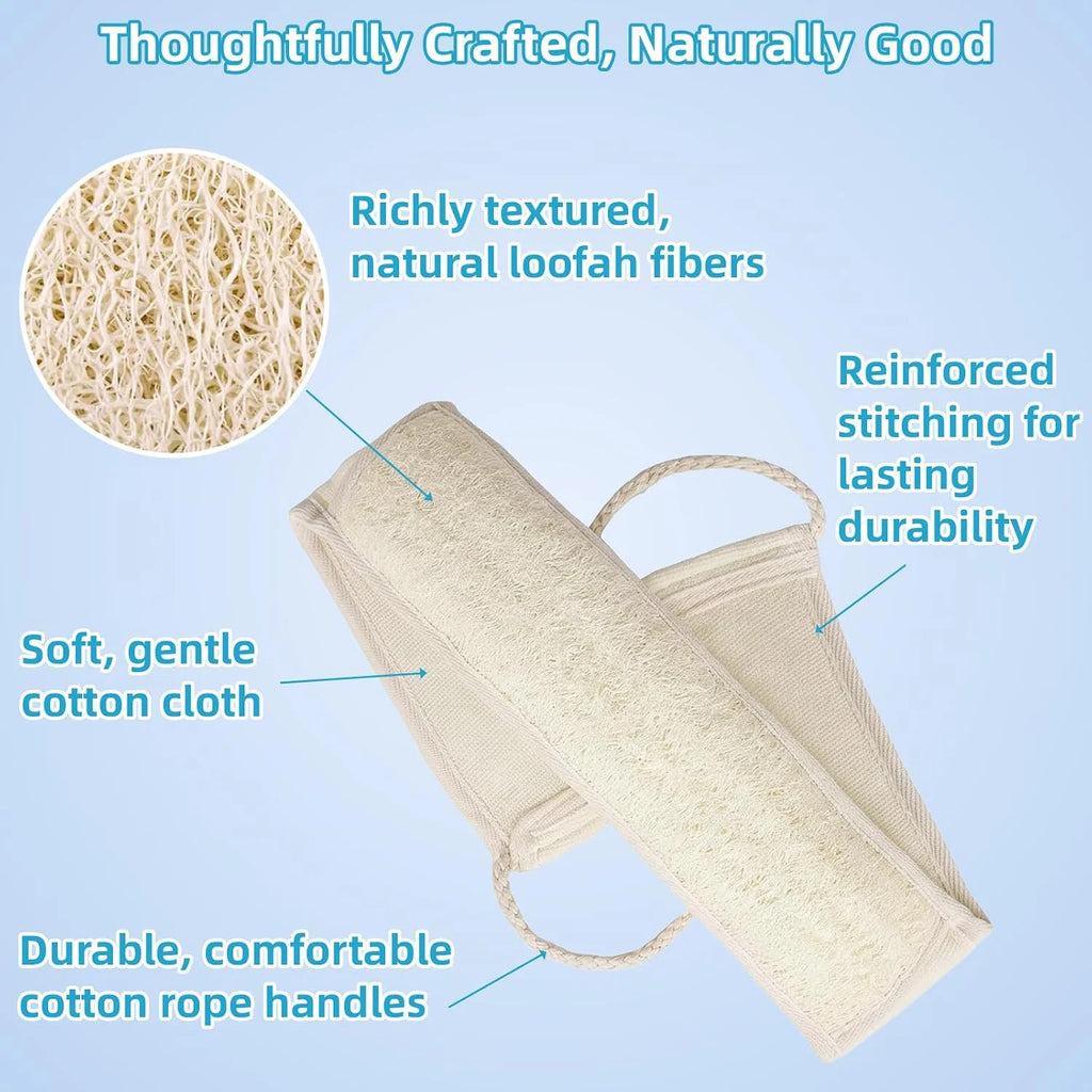 Long Natural Loofah Back Scrubber with Cotton Handles - Exfoliating Shower Body Wash