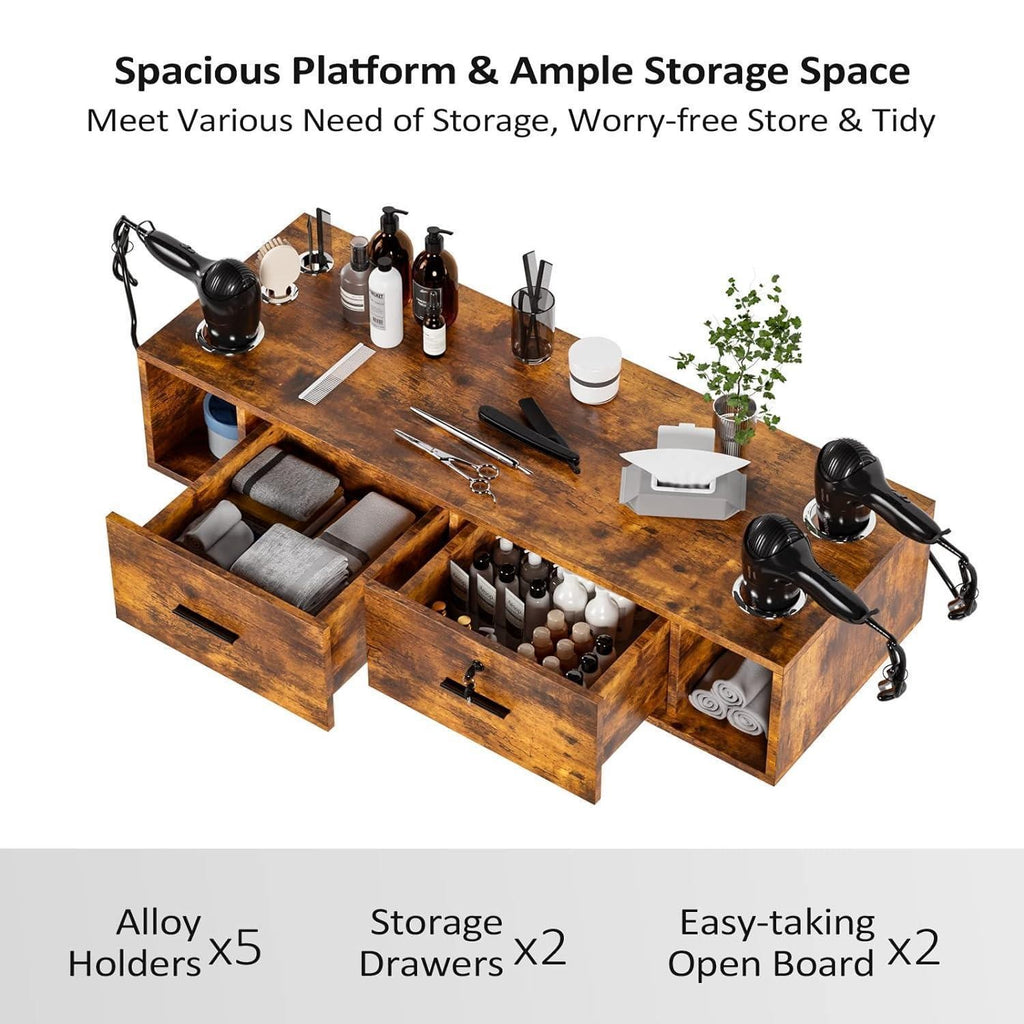 Wall Mount Salon Station with Drawers and Open Storage for Hair Beauty