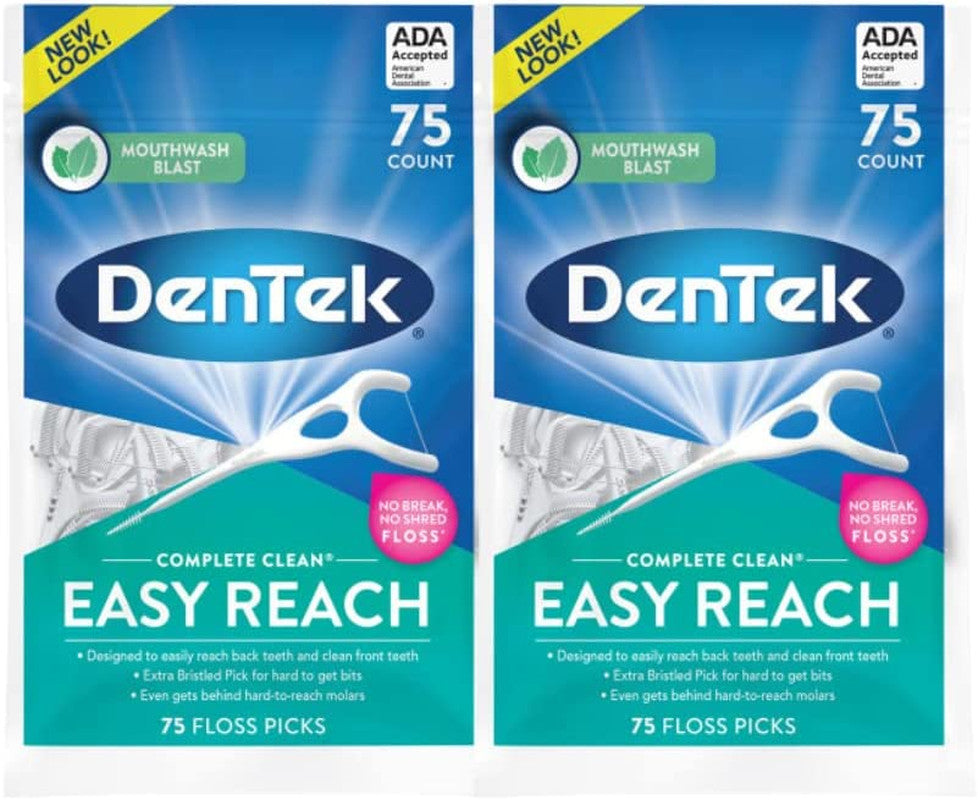 Dental Floss Picks Complete Clean 75 Count Pack of 2 - Easy Reach Back Teeth