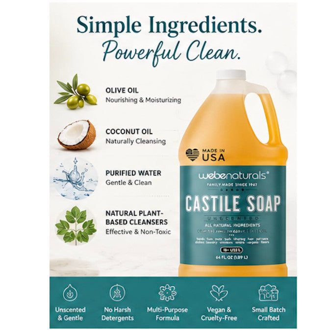 Organic Castile Liquid Soap 64 Fl Oz - Multi-Use, Unscented, Vegan & Eco-Friendly