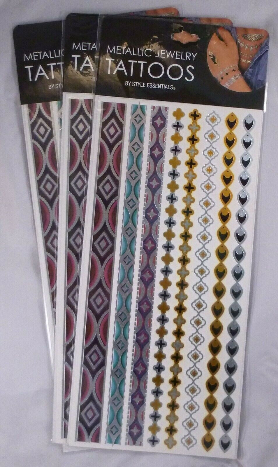 8 Big Metallic Temporary Tattoos - Gold, Silver & Maroon Bracelet Style Assortment
