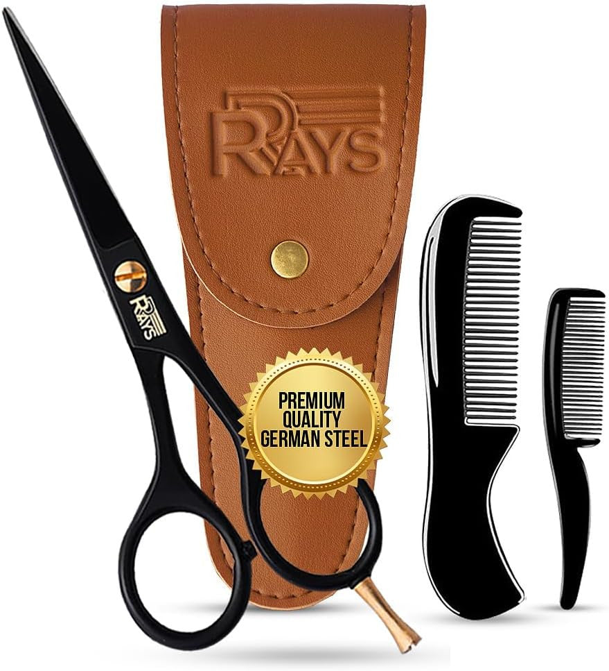 German Mustache Scissors for Men with Beard Comb & Travel Pouch - 5 Inch