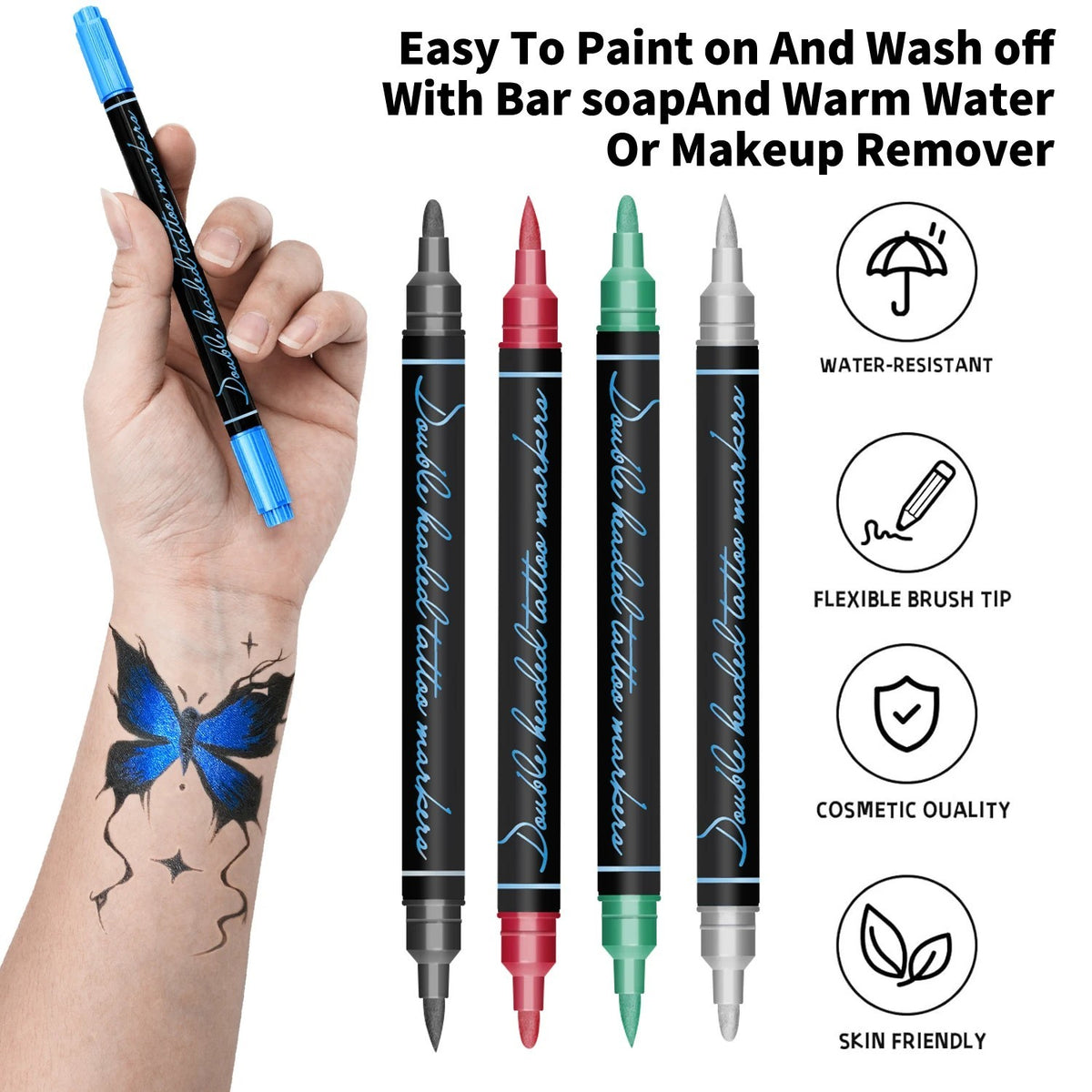Dual-Tip Temporary Tattoo Marker Set – 10 Skin-Safe Body Art Pens