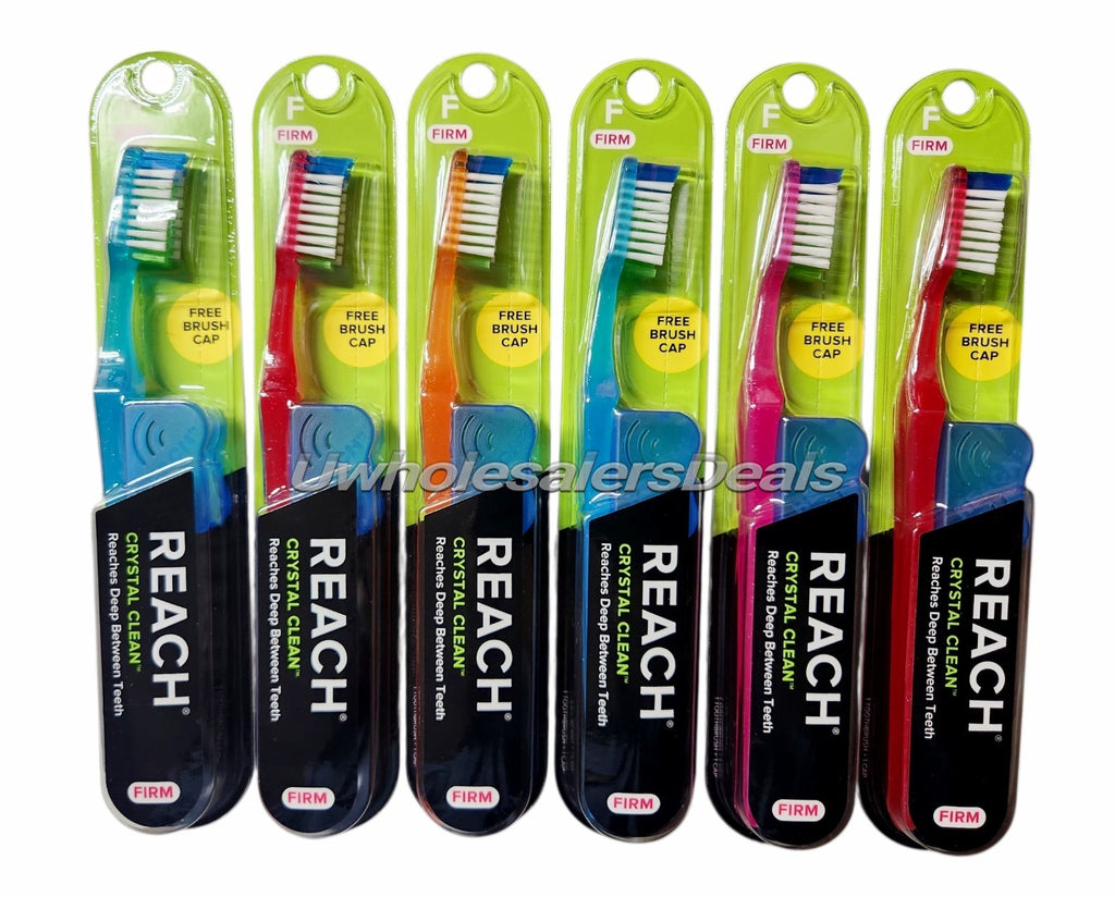 6 Pack Reach Crystal Clean Hard Toothbrushes with Firm Bristles and Free Caps