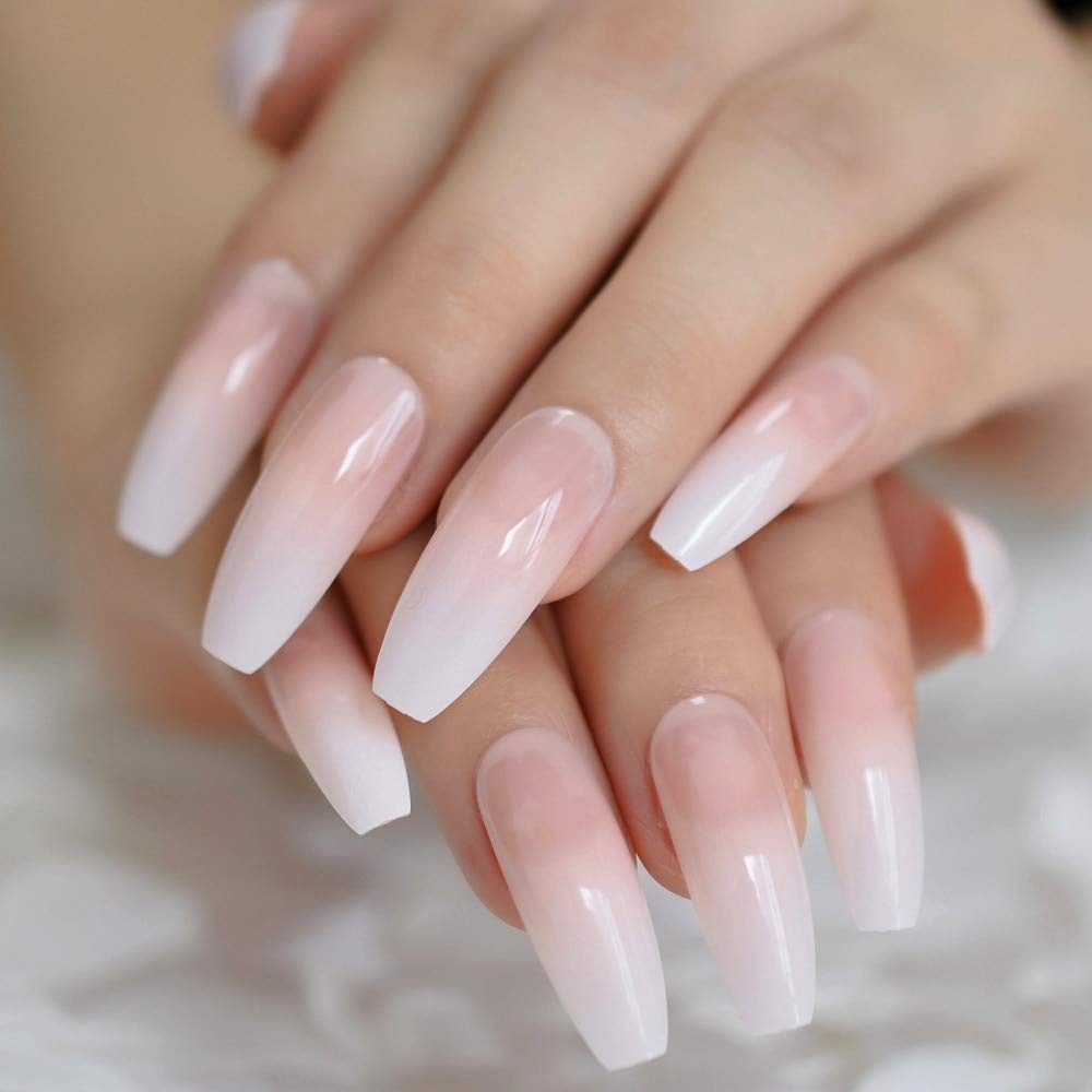Extra Long Press On False Nails - Ombre Pink Nude White French Ballerina Tips
