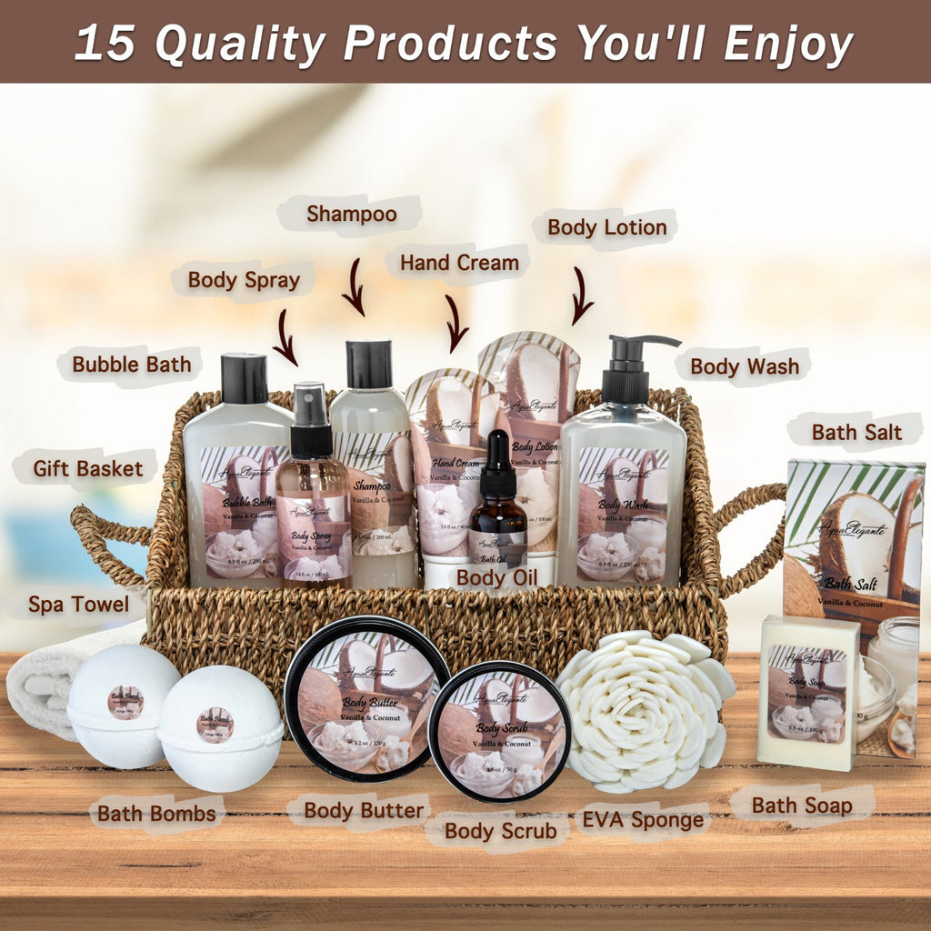 Luxury Bath Spa Gift Set with Coconut & Vanilla - 15 Piece Aromatherapy Basket