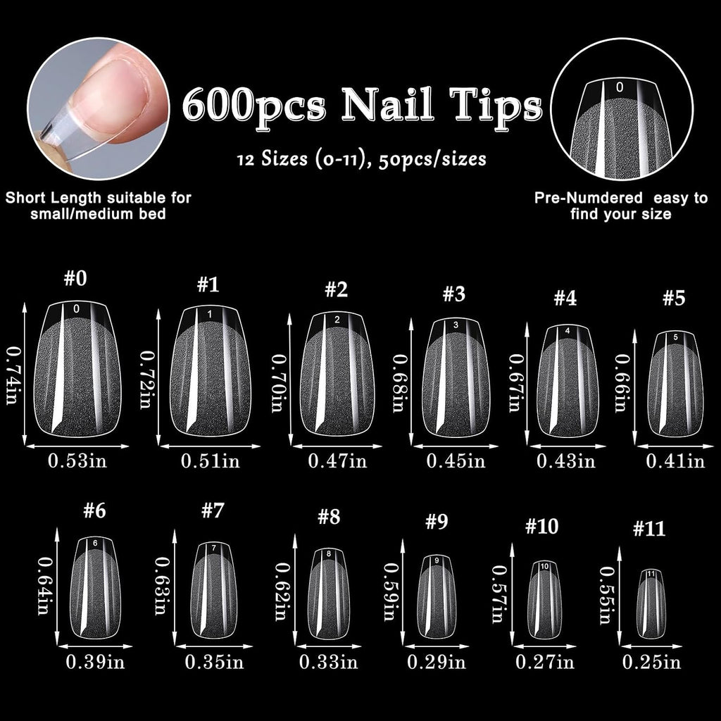 600Pcs Short Coffin Gel Nail Tips, Clear Fake Nails for Manicure & Extensions