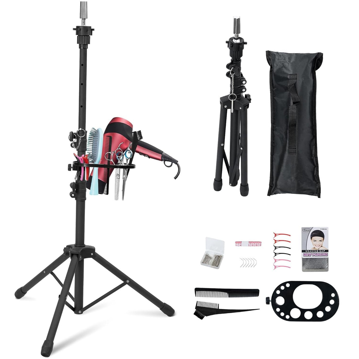 Adjustable Metal Wig Stand Tripod Mannequin Head Holder with Tool Tray - Black & Rose Gold