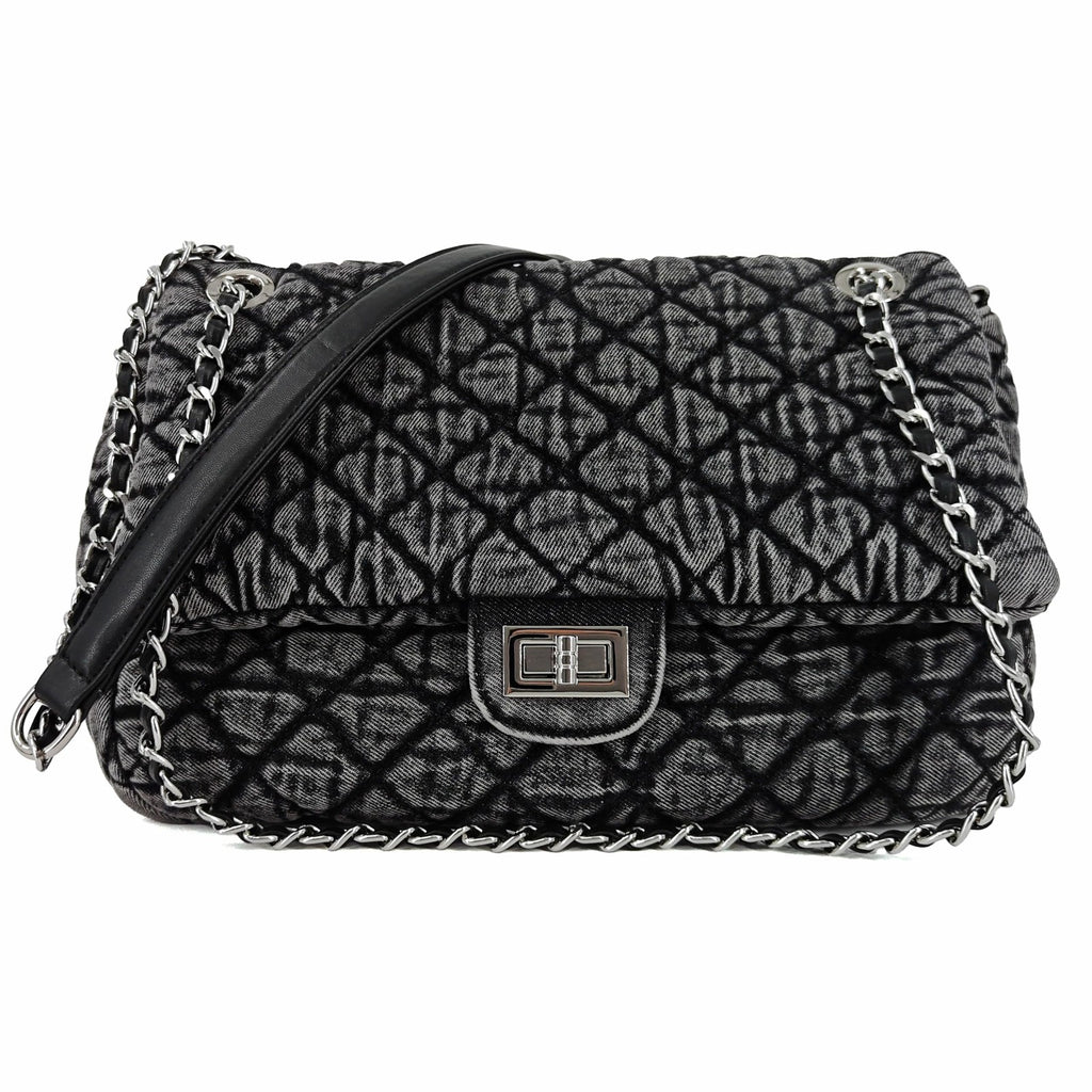 Quilted Denim Shoulder Bag for Women - Crossbody Hobo Purse with Silver Chain