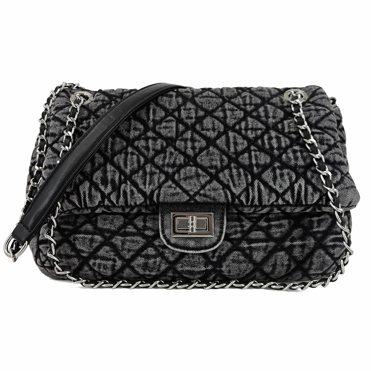 Quilted Denim Shoulder Bag for Women - Crossbody Hobo Purse with Silver Chain
