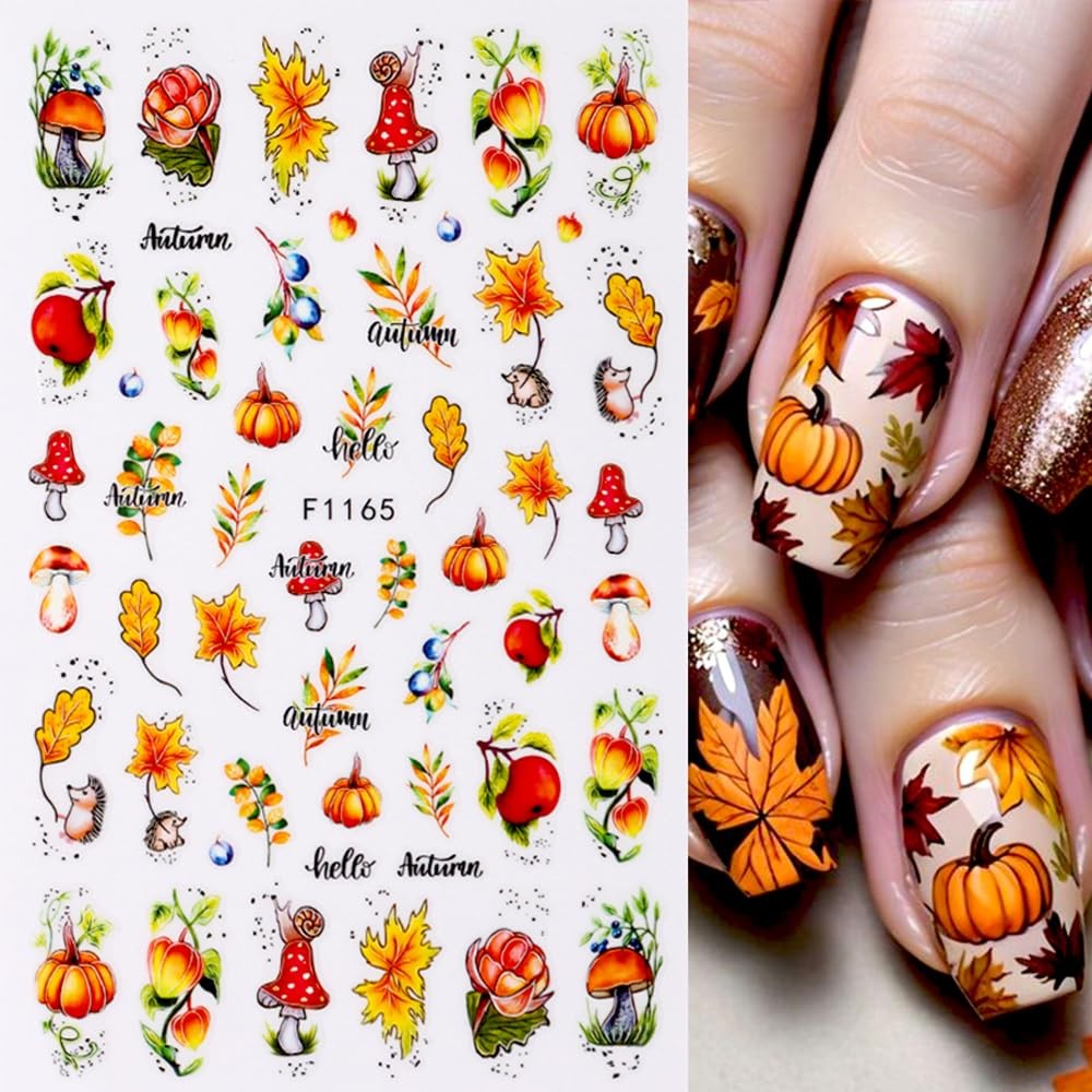 Fall Nail Art Stickers - Autumn Maple Leaf 3D Self-Adhesive Nail Decals, 6 Sheets