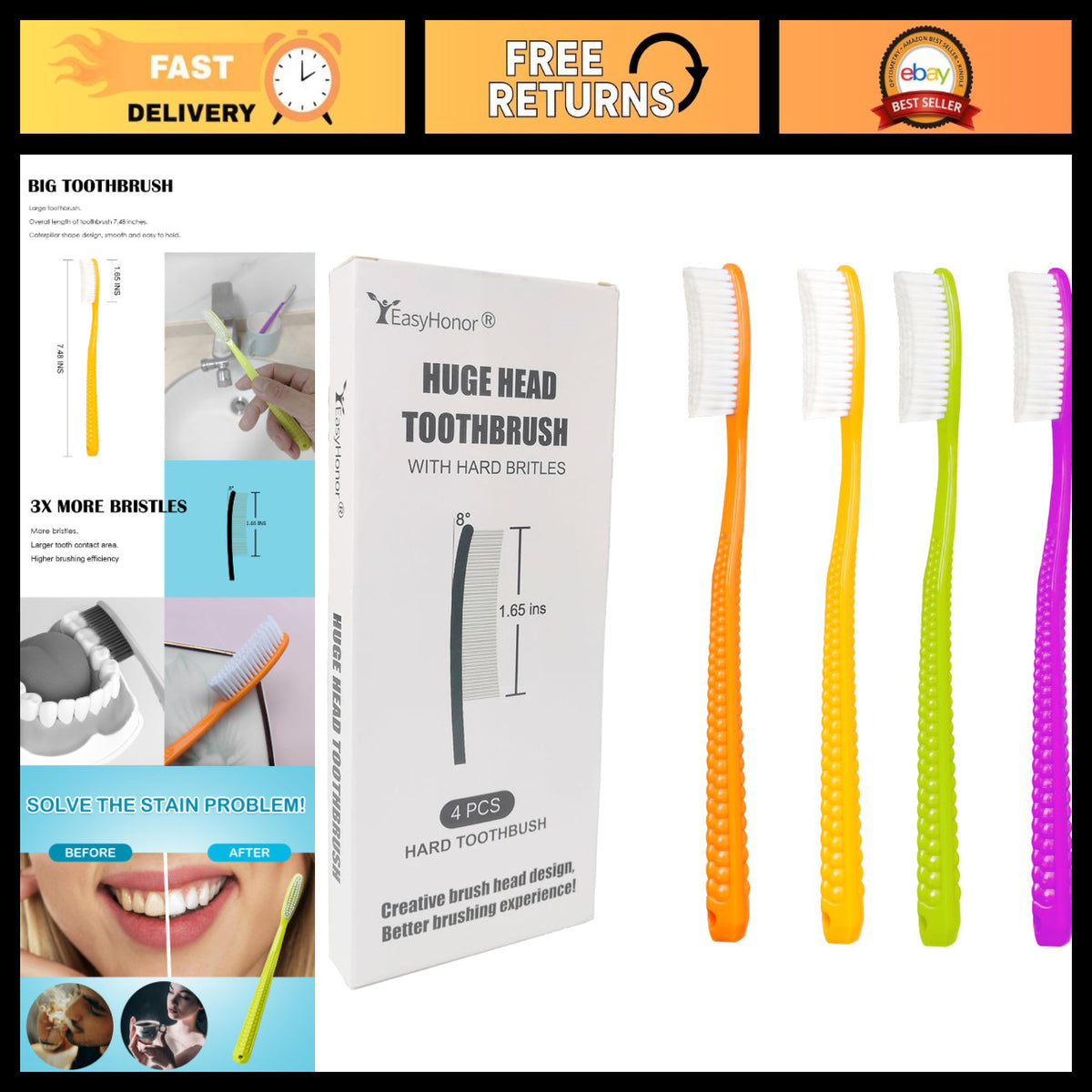 Extra Large Hard Bristle Toothbrush Set - Deep Cleaning, 4 Pack