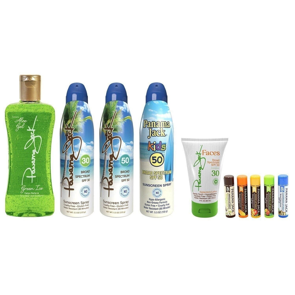 Panama Jack Family Sunscreen Pack with SPF 30 & 50, Aloe Gel, Lip Balms & Backpack