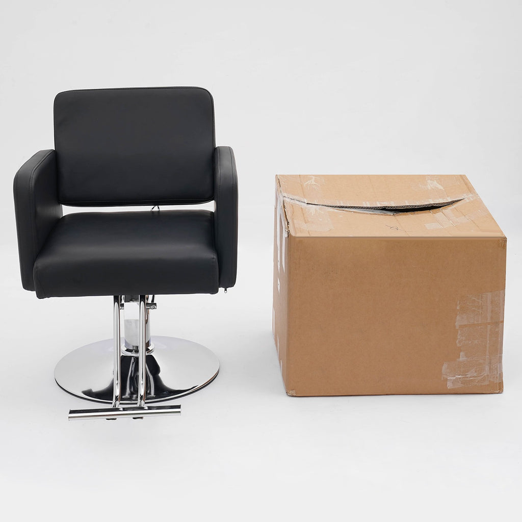 Adjustable Black PU Barber Chair with Footrest, 360° Swivel Salon Seating