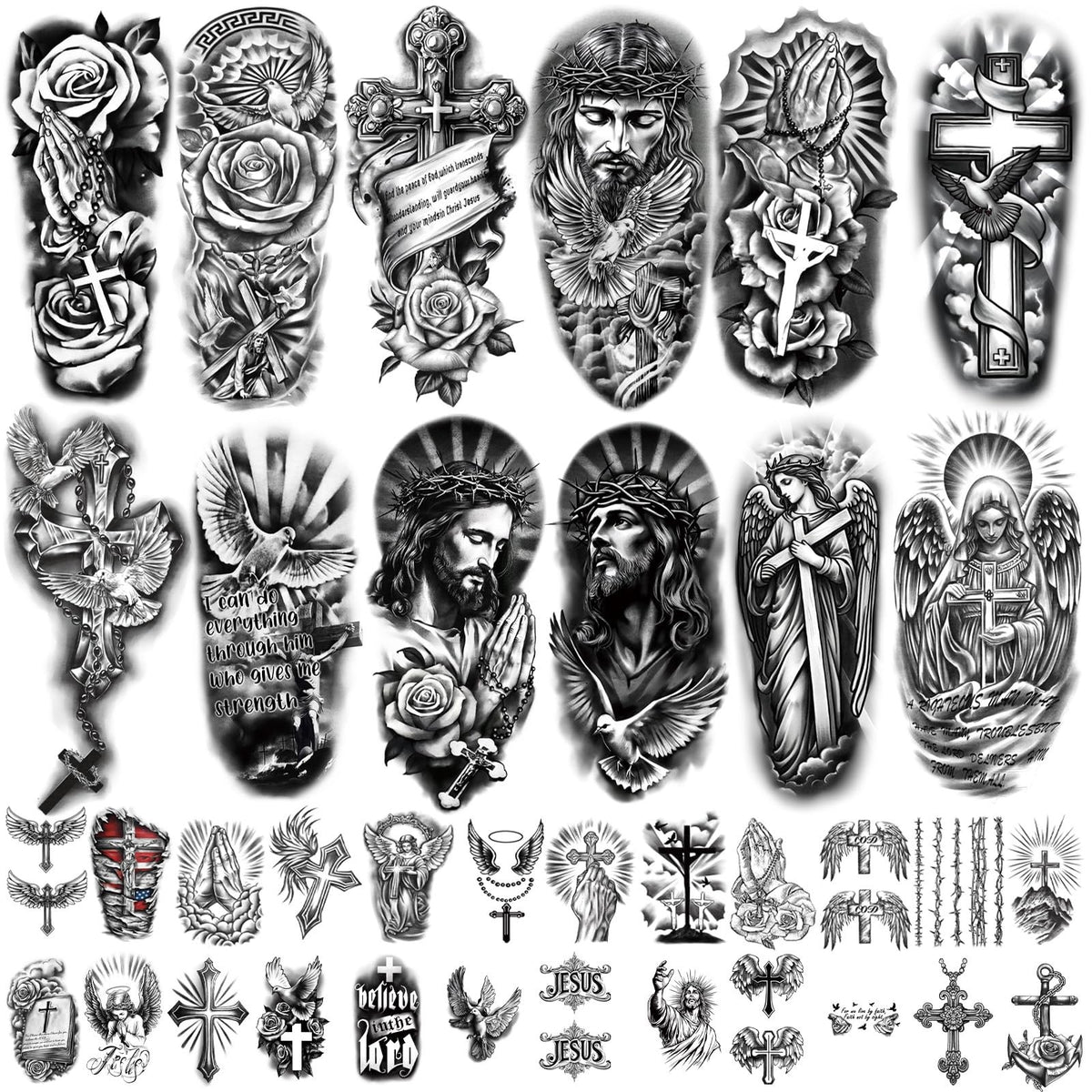 77 Sheets Temporary Tattoos Cross & Religious Designs for Women & Men
