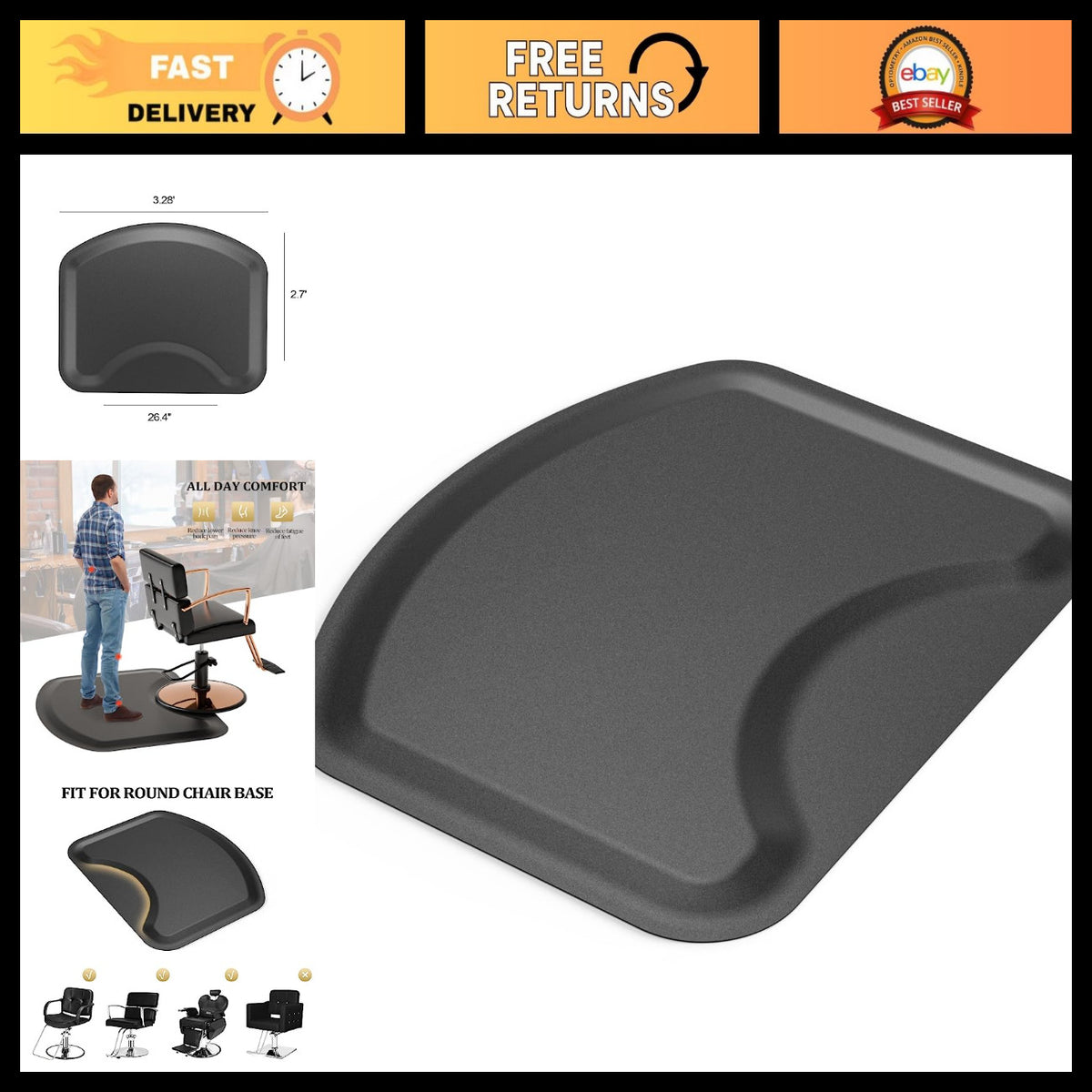 Anti-Fatigue Salon Mat for Hair Stylists - Thick Chair Cushion with Round Cut