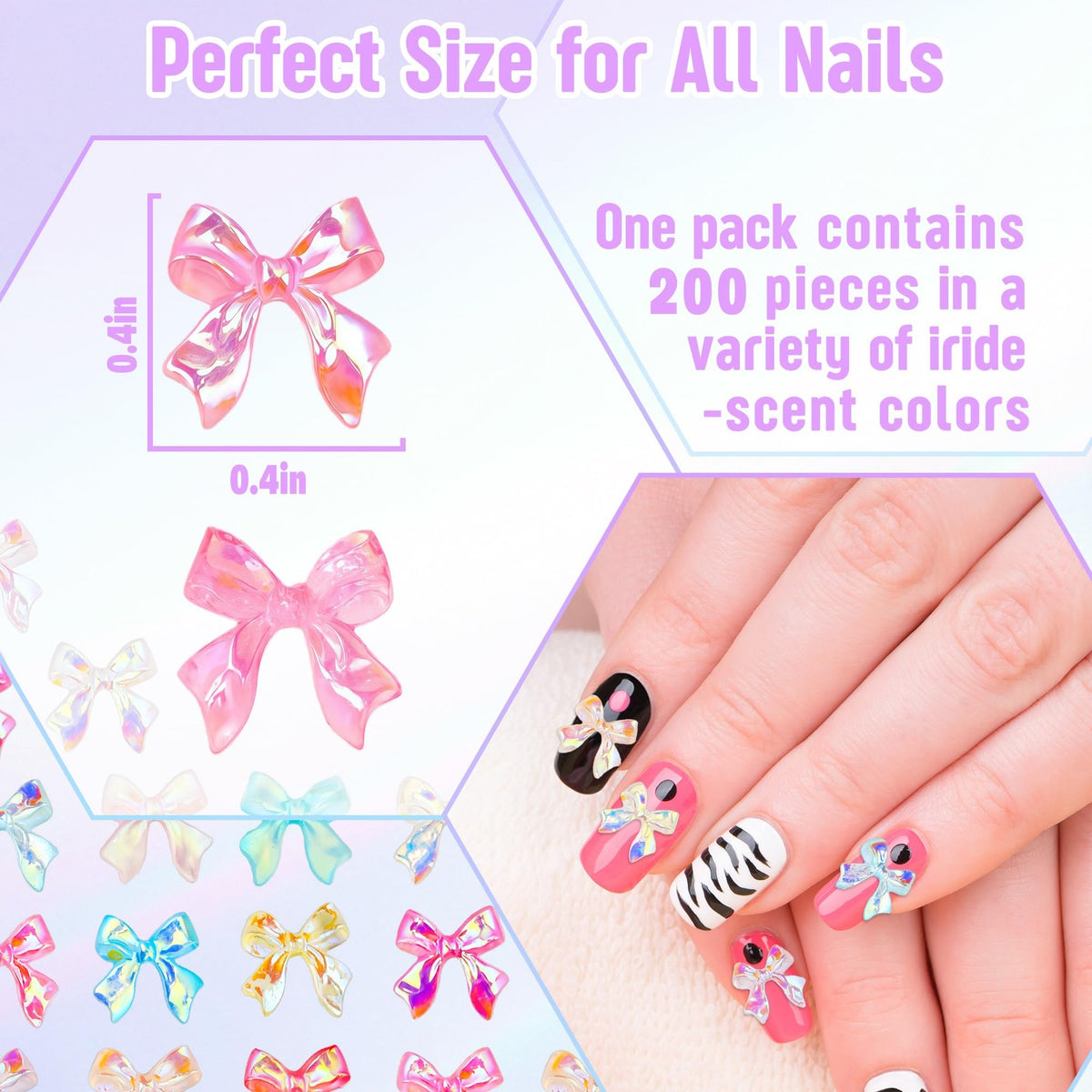 200PCS Bow Nail Charms Resin 3D Nail Art Decorations for Manicure