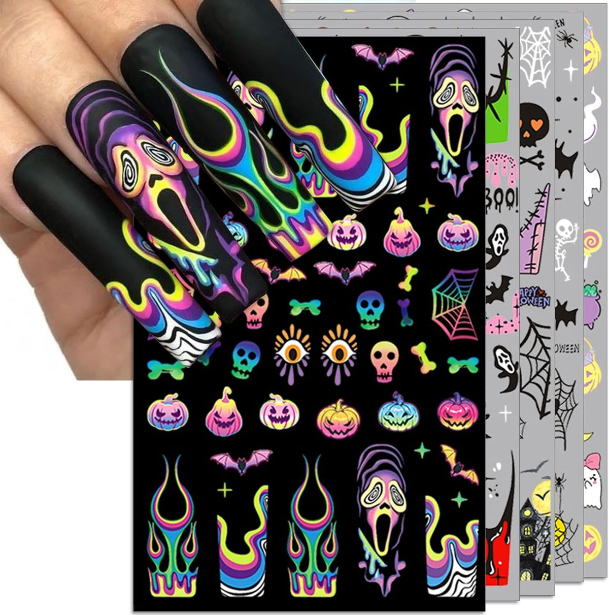 Halloween Nail Stickers Set - Spider Web Bat Skull Designs, 5 Sheets DIY Nail Art