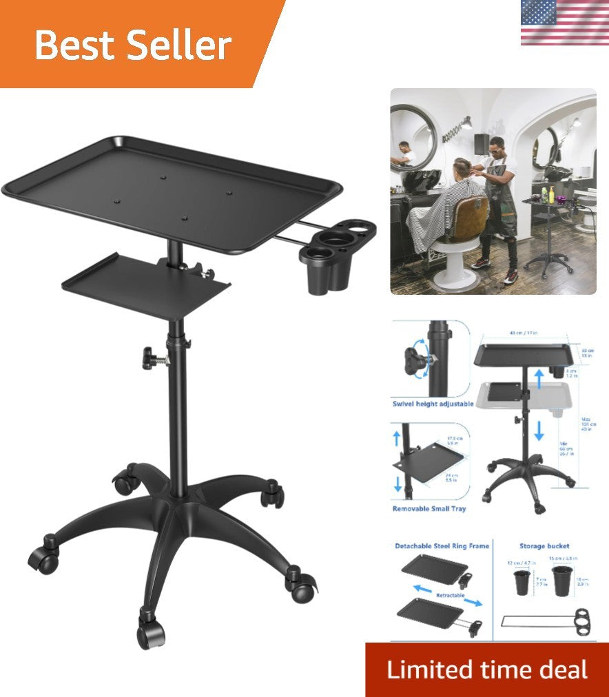 Heavy-Duty Aluminum Salon Rolling Tray with Tool Holders & Adjustable Height