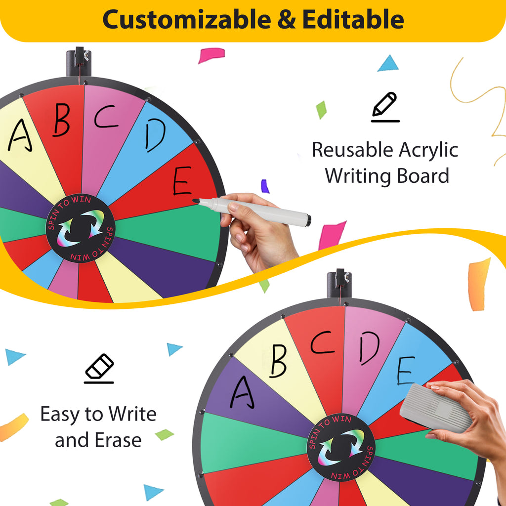 24-Inch Prize Wheel with 14 Customizable Slots & Dry Erase Markers - Floor Stand Spinning Game