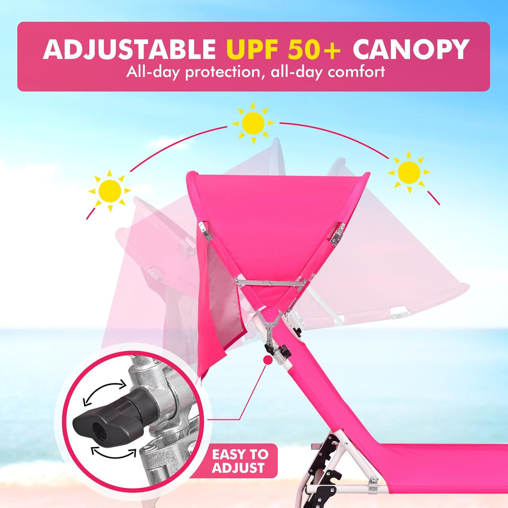 Outdoor Folding Sun Lounger with Canopy and Face Hole - Heavy Duty Pink