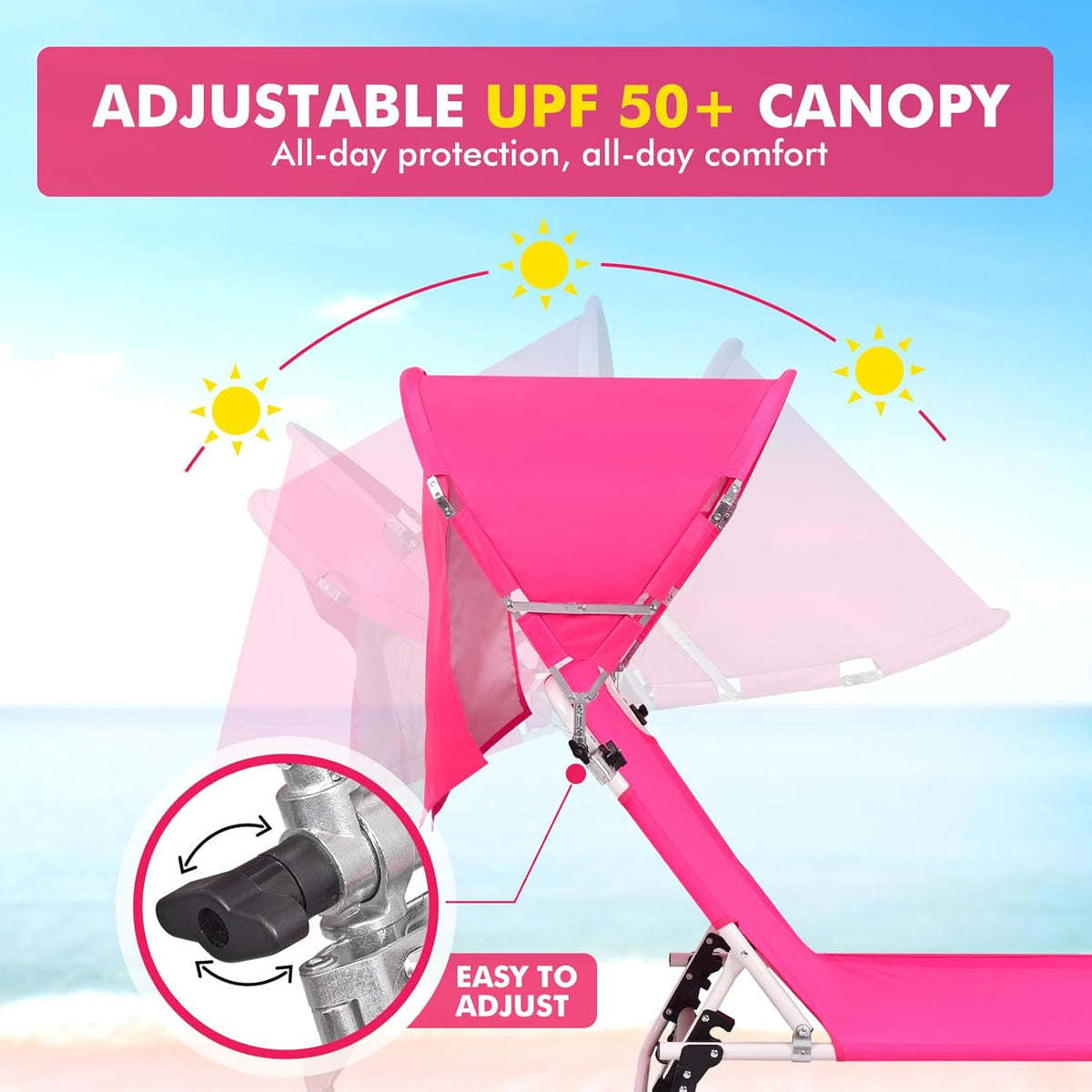Outdoor Folding Sun Lounger with Canopy and Face Hole - Heavy Duty Pink