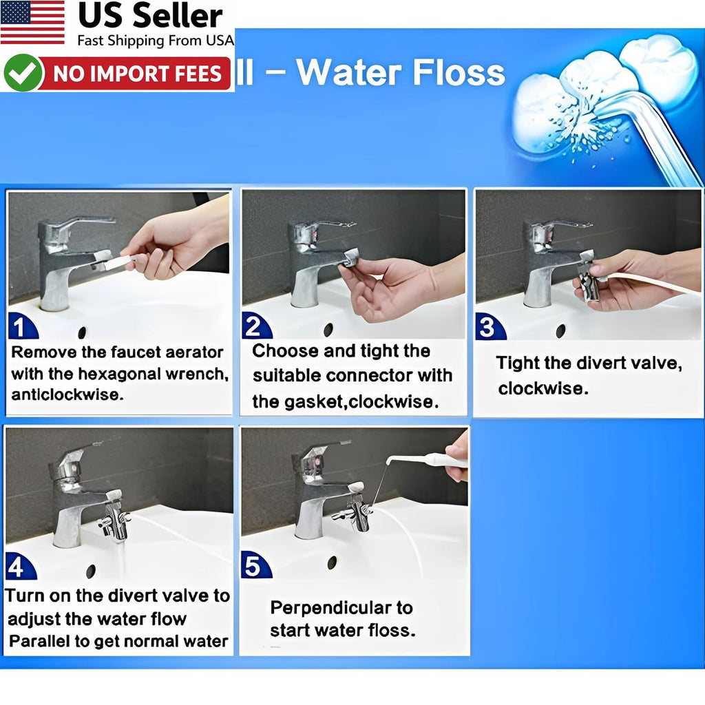 Water Dental Flosser with 5 Jet Tips for Faucet Shower Non-Electric Oral Care