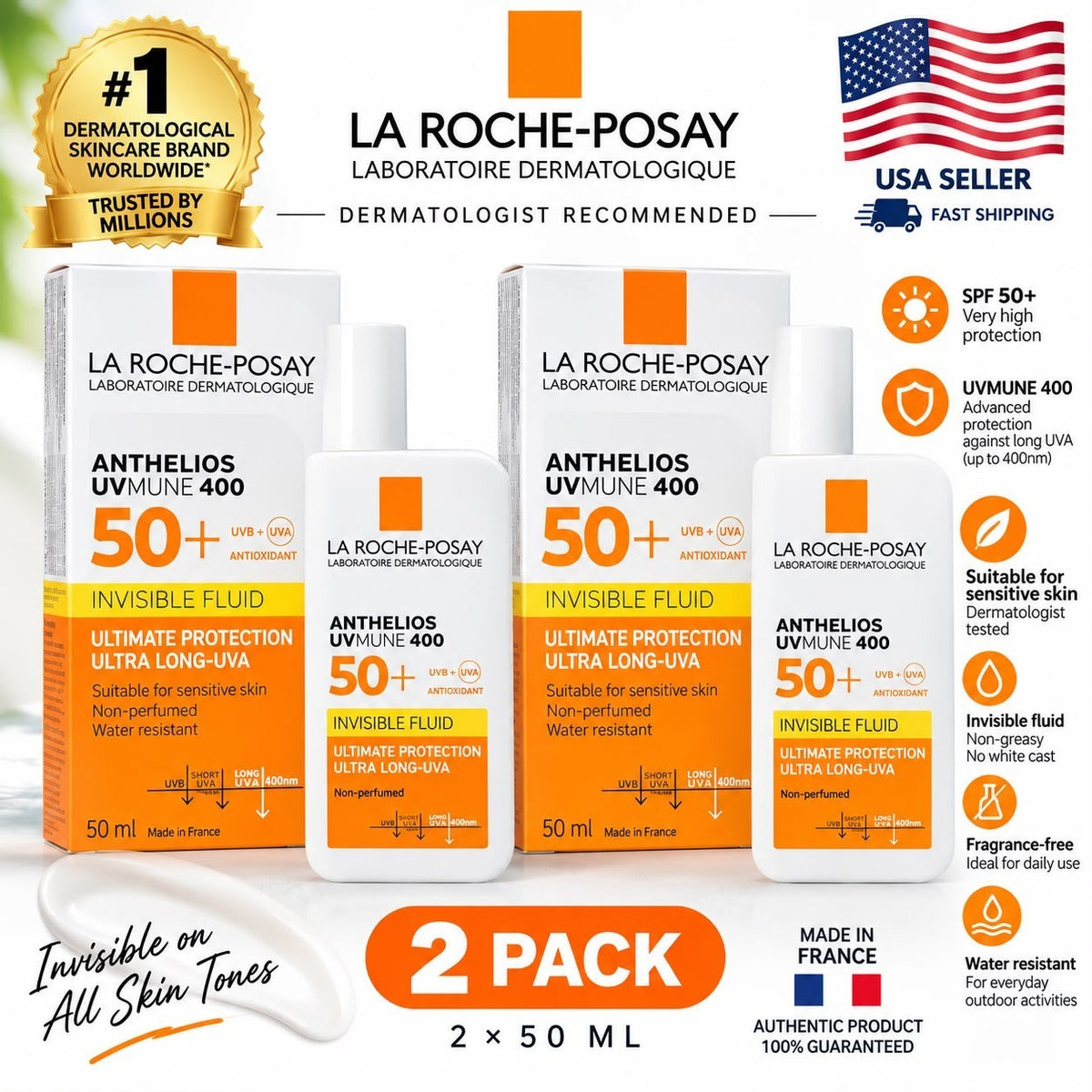 SPF 50+ Sunscreen Fluid with UVA Protection for Sensitive Skin - 50ml, Pack of 2