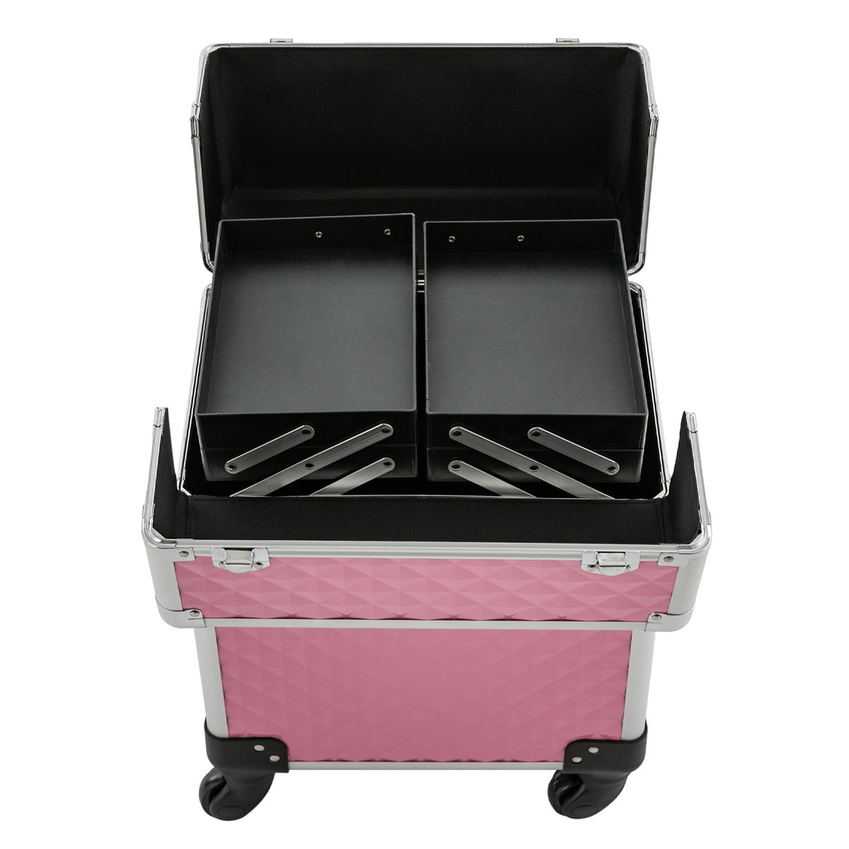 Portable Pink Makeup Train Case with Wheels - Cosmetic Storage Organizer