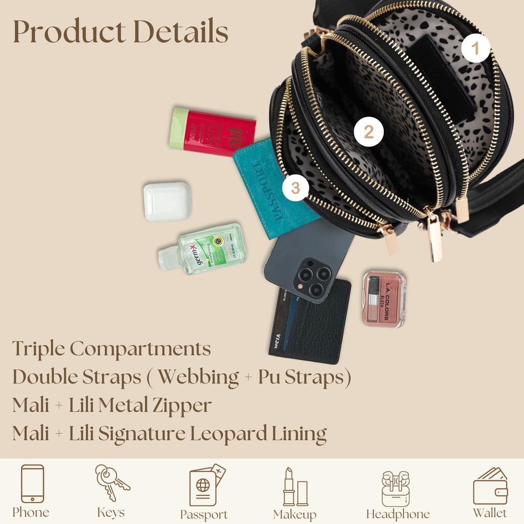 Small Crossbody Bag for Women with Triple Compartments - Black