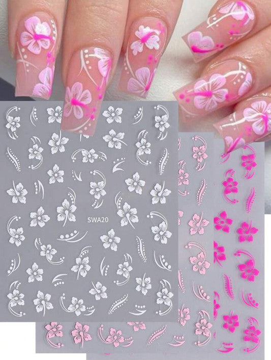 6Pcs Hibiscus Floral Nail Stickers Hawaiian Flower Vine Manicure Decals