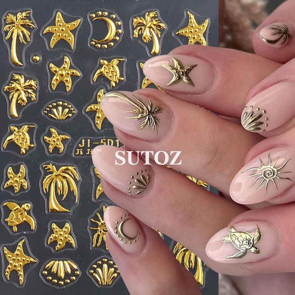 Gold Ocean Starfish Turtle Sun Palm Tree 5D Nail Stickers Embossed Decal