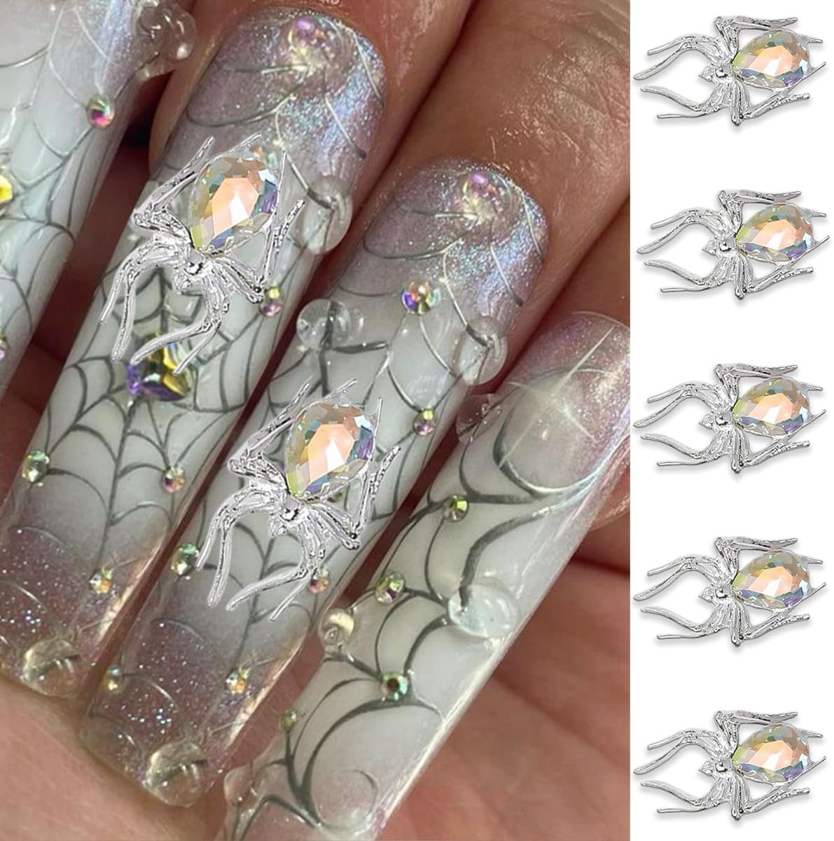 Halloween Nail Charms 15Pcs Metal Spider Rhinestones for Acrylic Nails