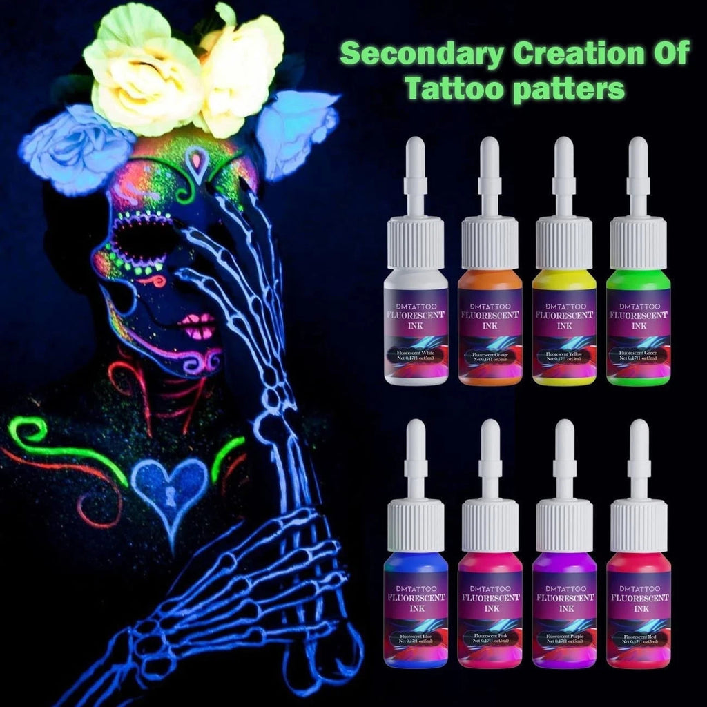 8-Color Fluorescent Tattoo Ink Set - 5ml Each, Skin-Safe Permanent Inks for UV Glow