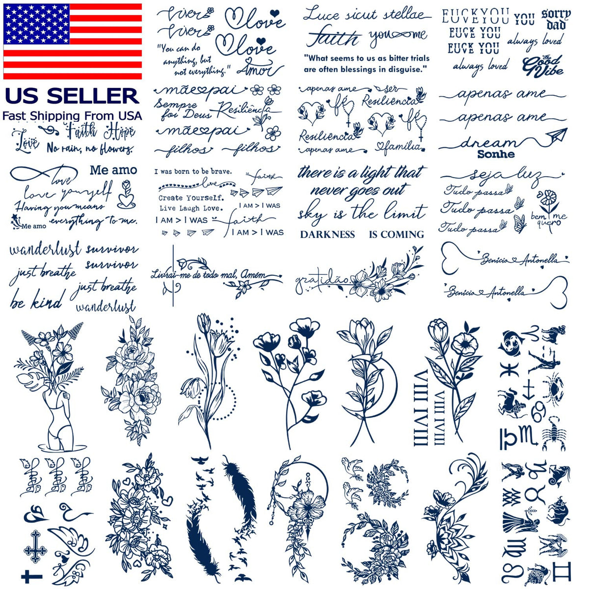 Semi-Permanent Tattoo Sheets for Women - 30 Inspirational Word Designs