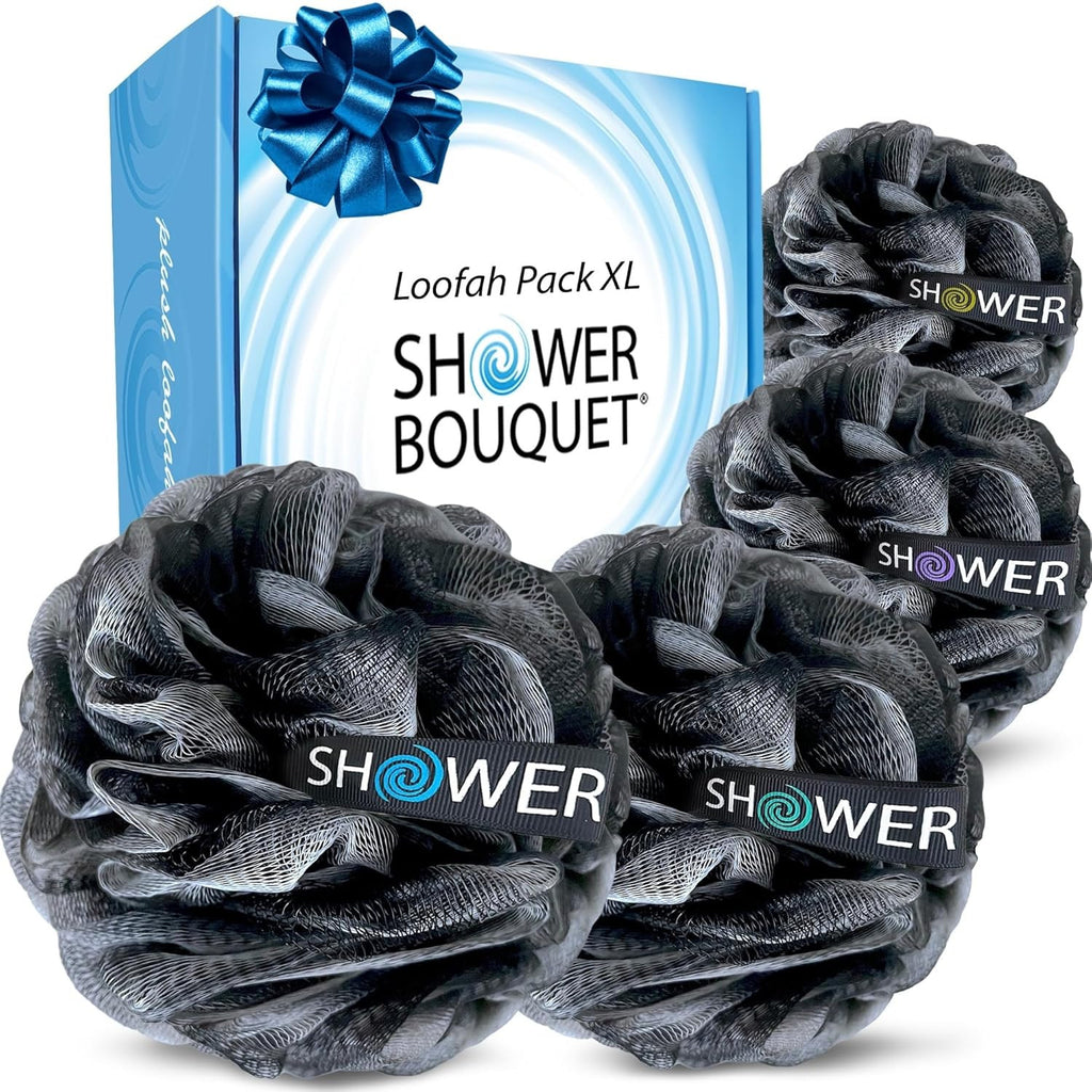 Extra-Large Charcoal Bath Sponge Set - Soft Mesh Loofahs for Shower, 4-Pack