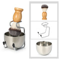 3-in-1 Men’s Shaving Brush Set with Wooden Handle & Stand — Includes Mug & Bowl