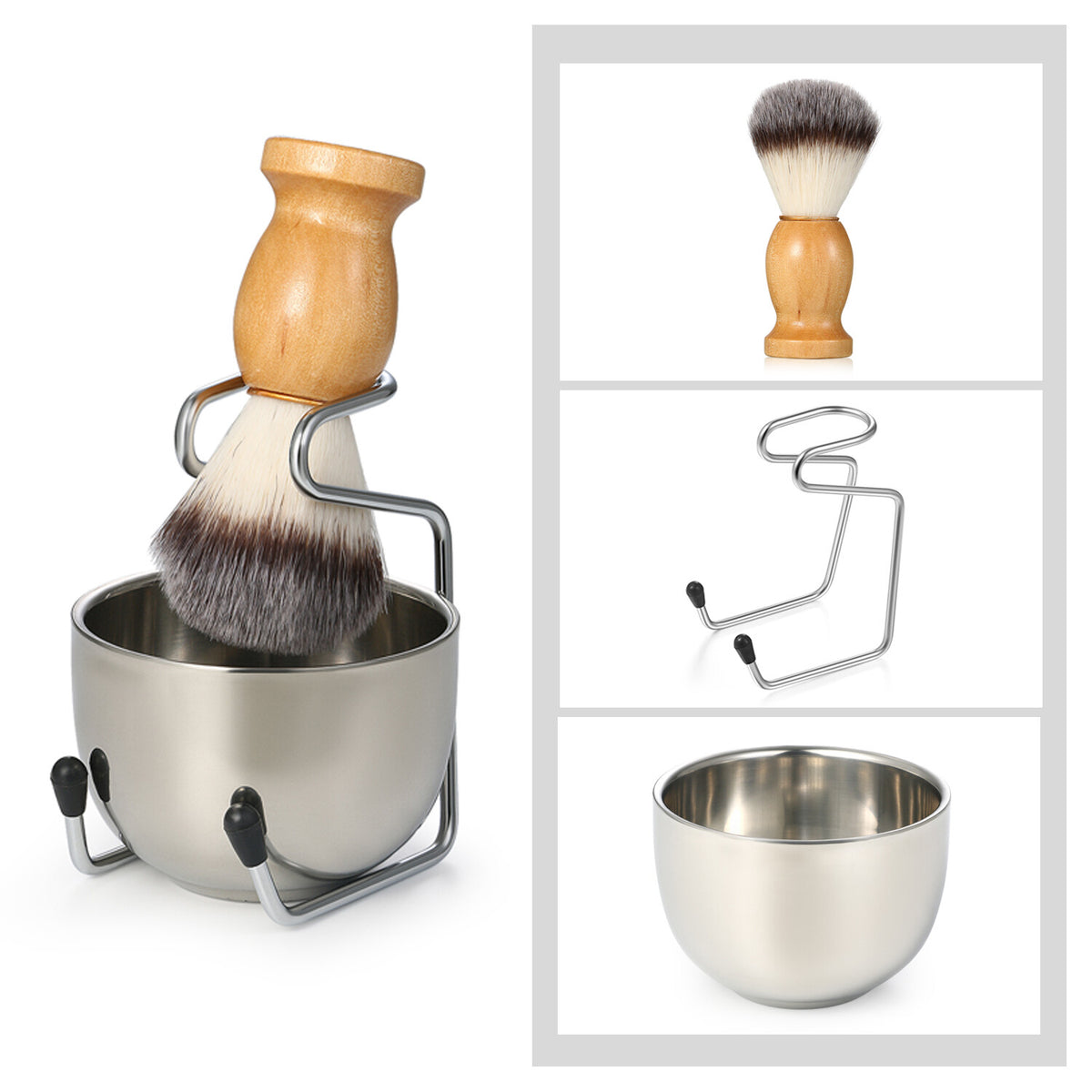 3-in-1 Men’s Shaving Brush Set with Wooden Handle & Stand — Includes Mug & Bowl